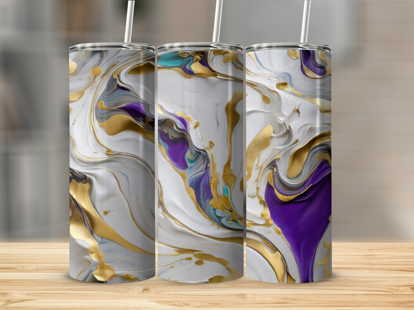 Three tumblers with white, gold, purple, and teal marbled abstract design.