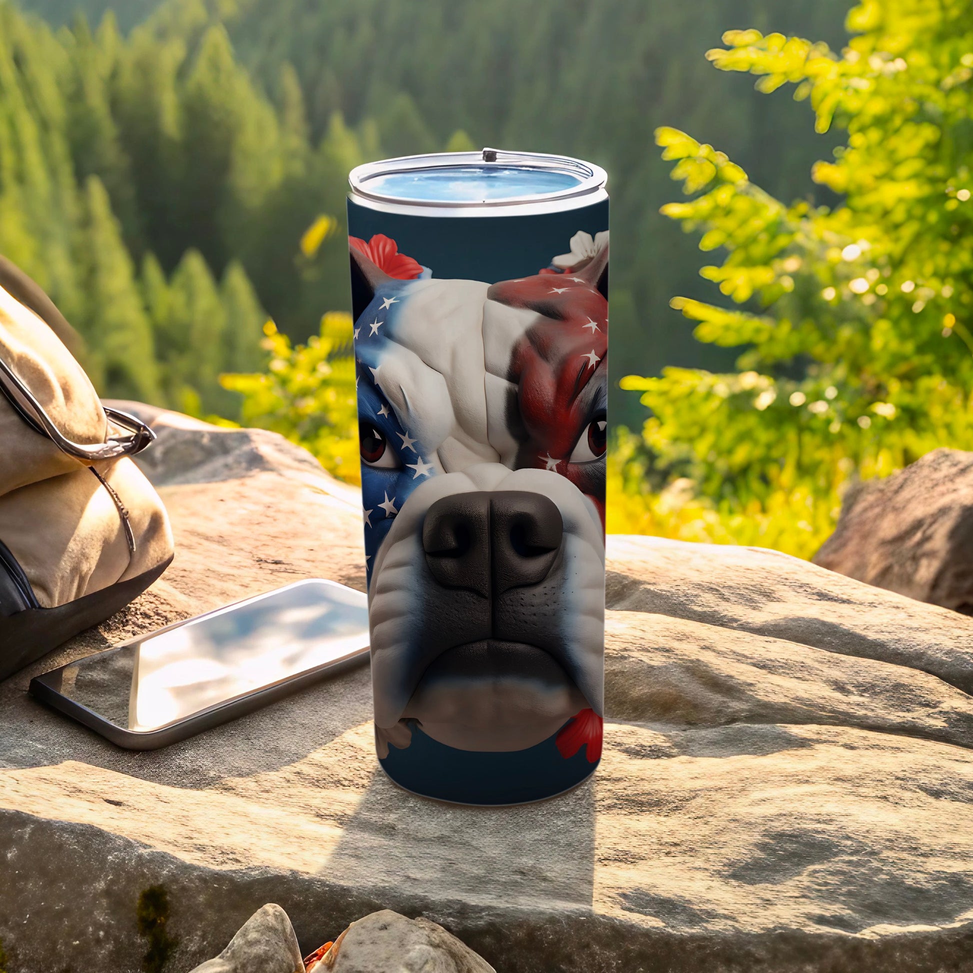 Bulldog tumbler with patriotic flag design and outdoor background.