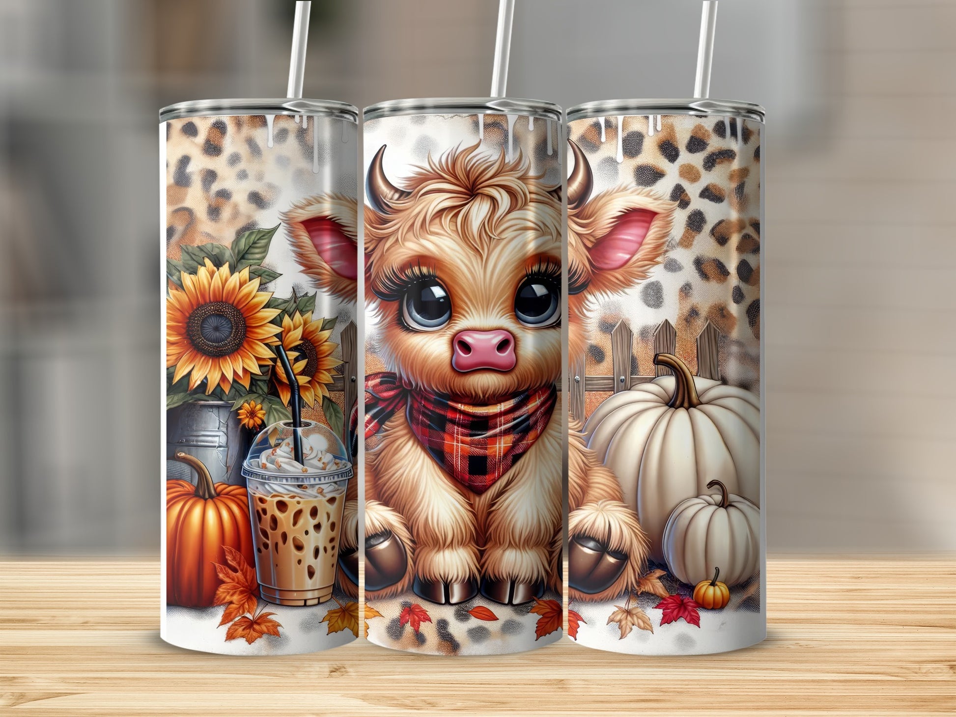 Cute cartoon calf with pumpkins, sunflowers, and leopard print.