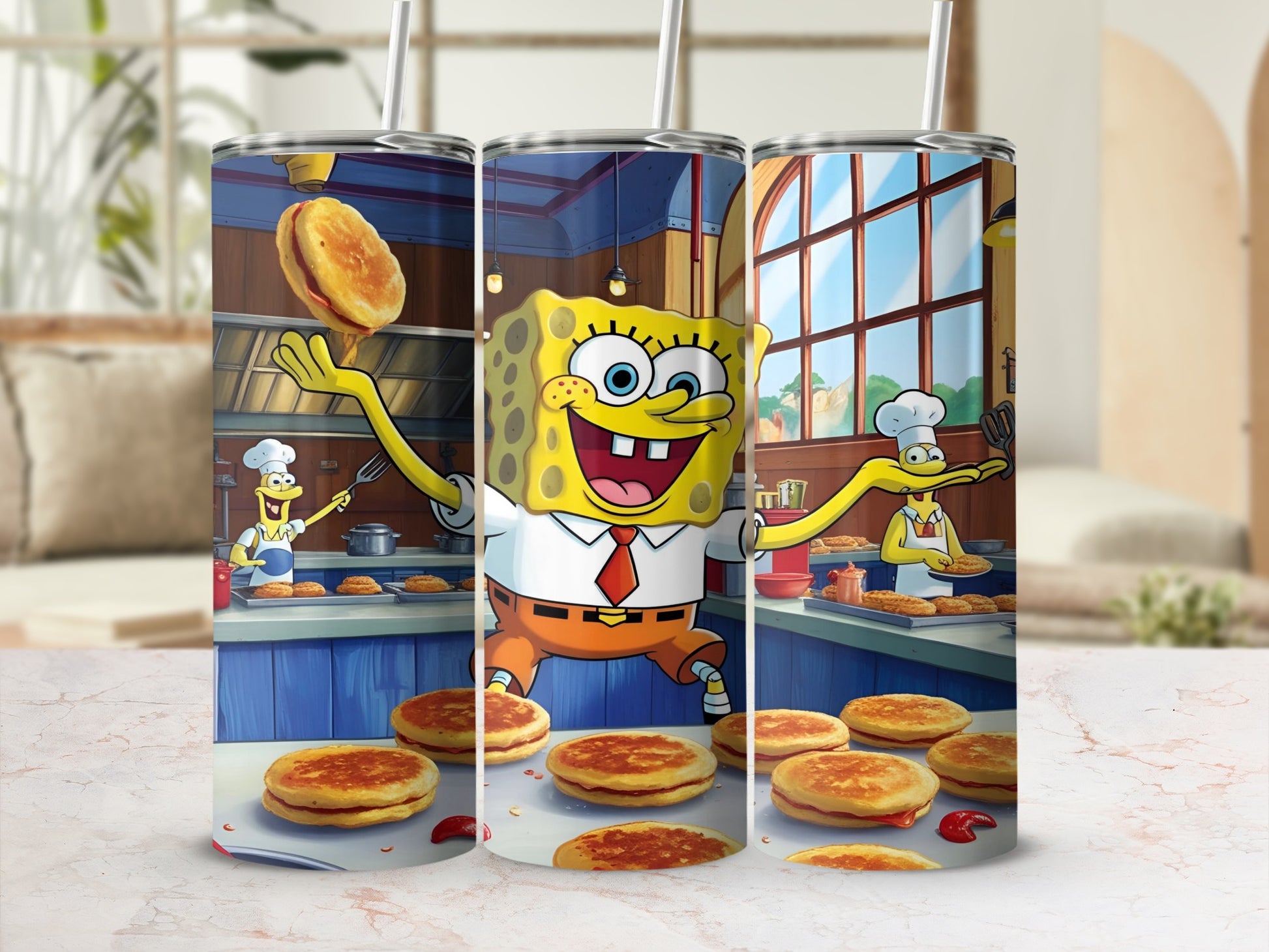 SpongeBob SquarePants flipping pancakes in a kitchen.