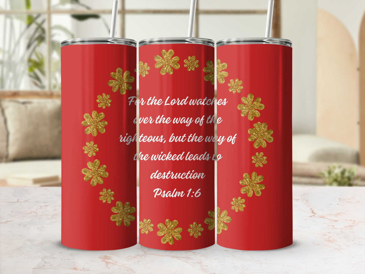 Floral Psalm 1:6 Design Red Background Tumbler