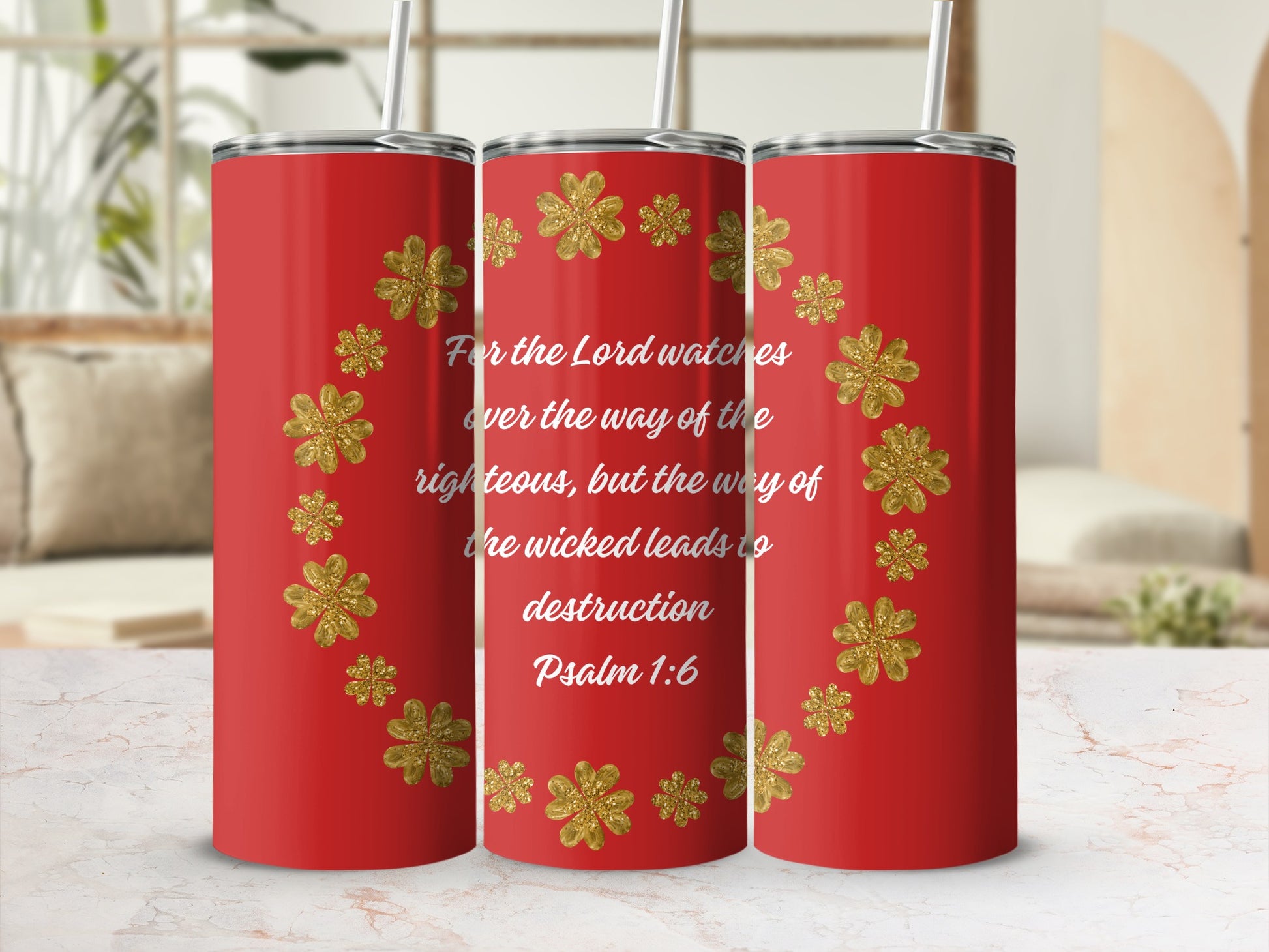 Floral Psalm 1:6 Design Red Background Tumbler