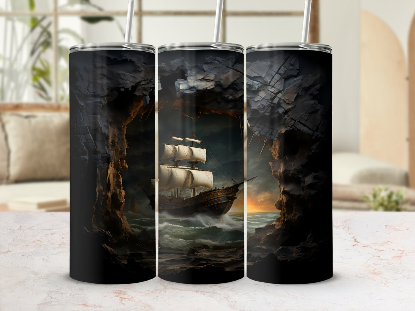 Tall tumbler featuring a vintage sailing ship emerging from a dark, rocky cave.