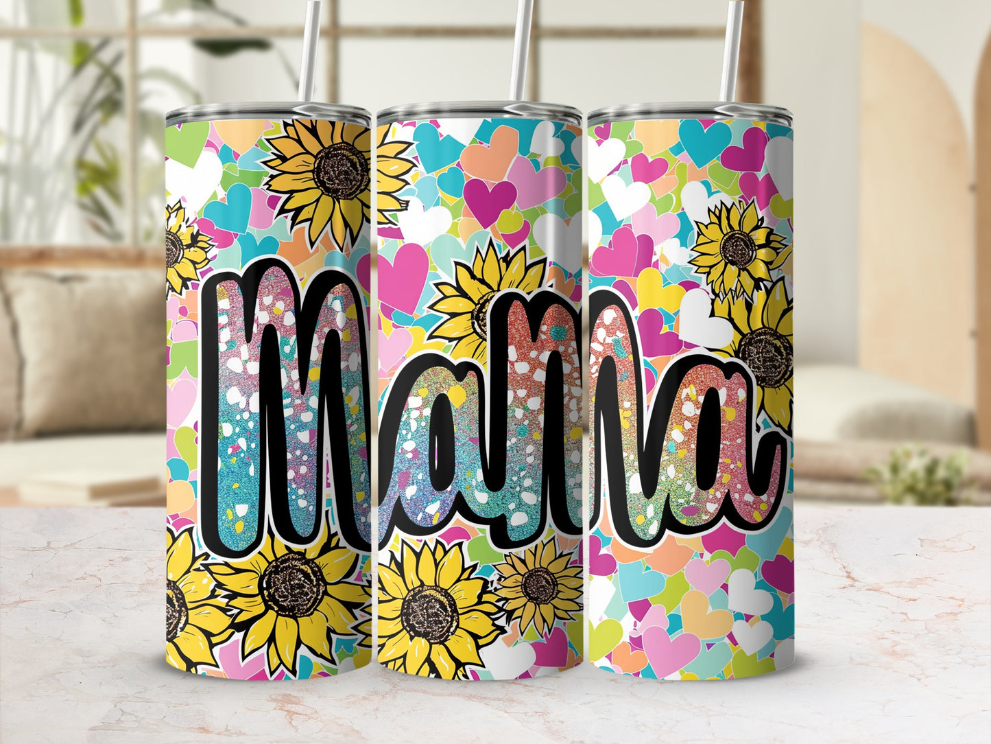 Colorful Heart and Sunflower Mama Tumbler Cup