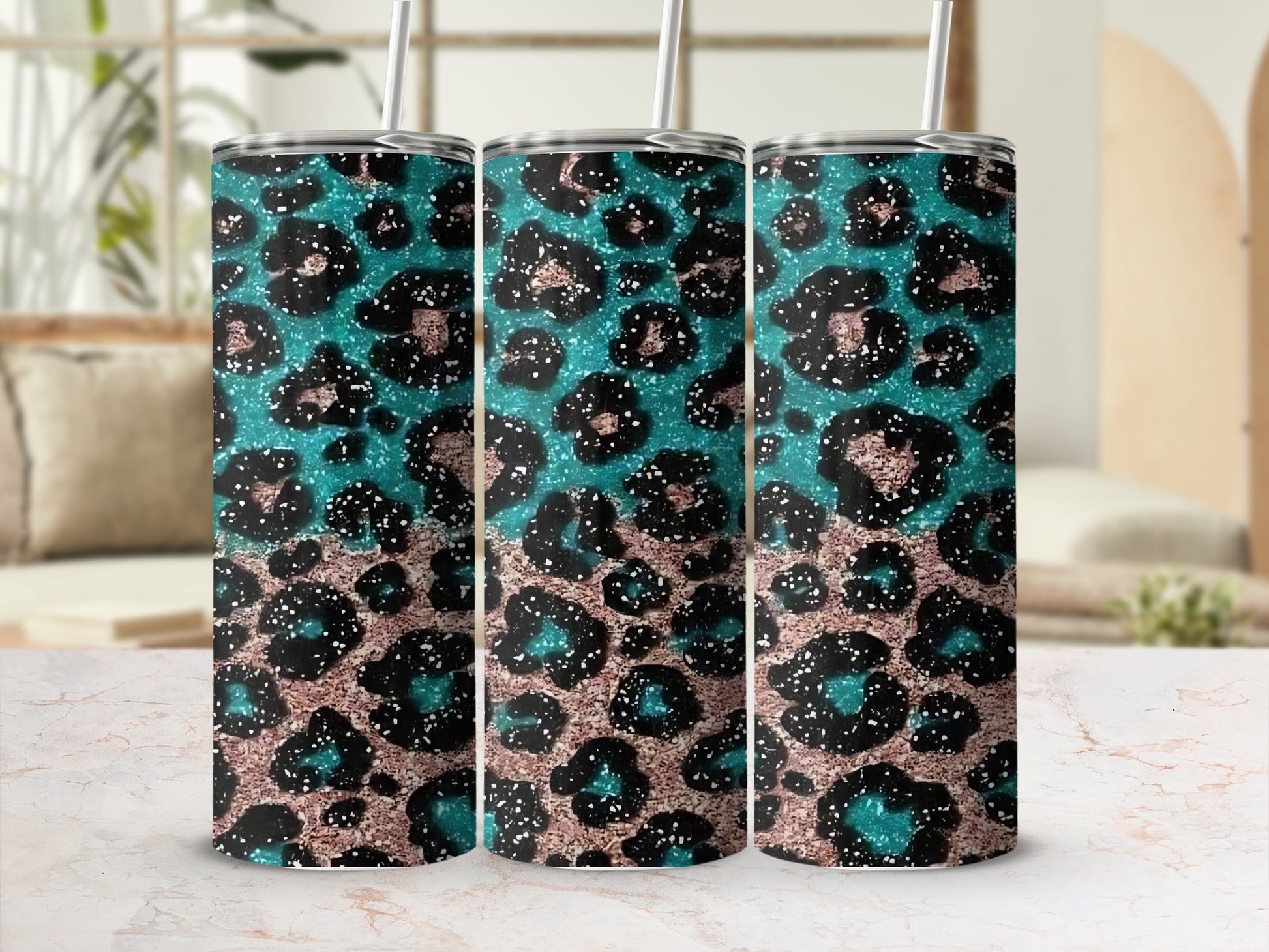 Teal Leopard Glitter Insulated Tumbler Cup