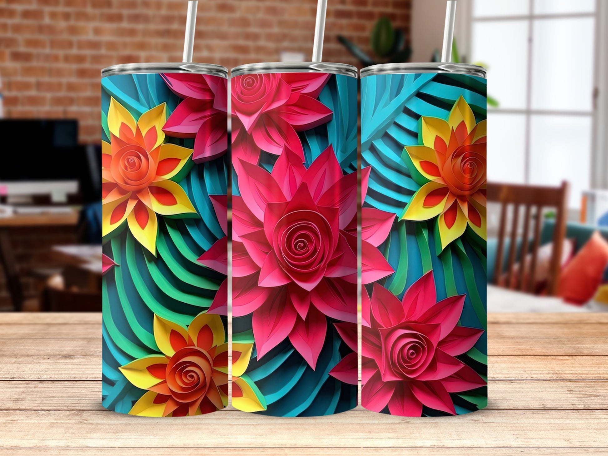 Vibrant Floral Tumbler with Lid and Straw for Hot Cold Beverages