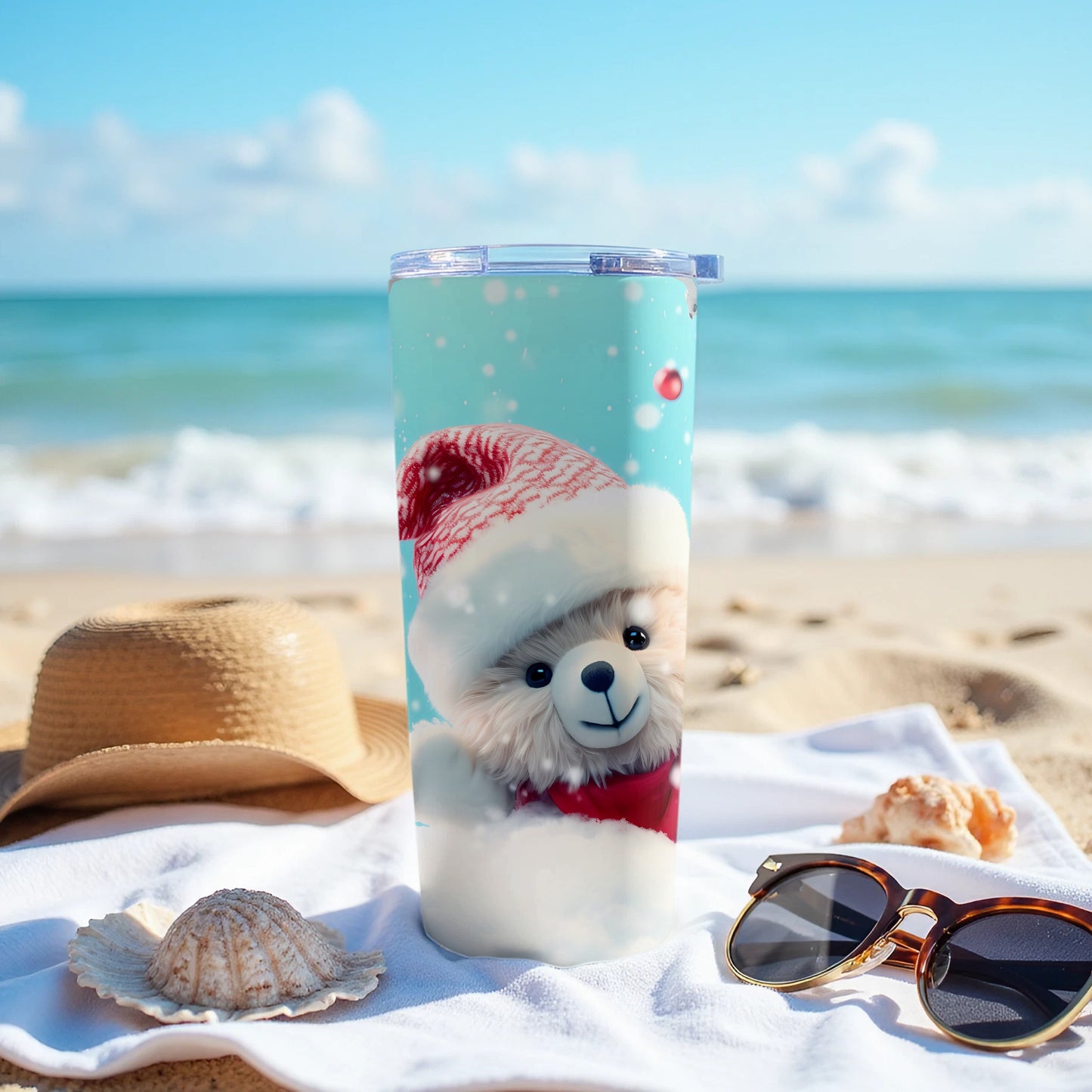 Festive Polar Bear Santa Hat Snowy Beach Scene Tumbler product type
Polar bear
Santa hat
Christmas
Holiday
Tumbler
Beach scene
Summer vibe
Winter theme
Cute animal
Drinkware
Travel mug
Ocean view
Sand beach
Festive decor
Gift idea
Graphic design
Blue background
White bear
Red scarf
Snowy design