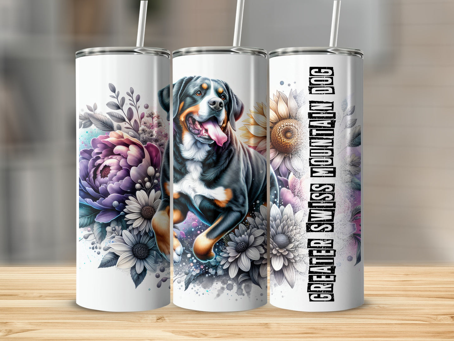 Greater Swiss Mountain Dog with flowers on a tumbler.