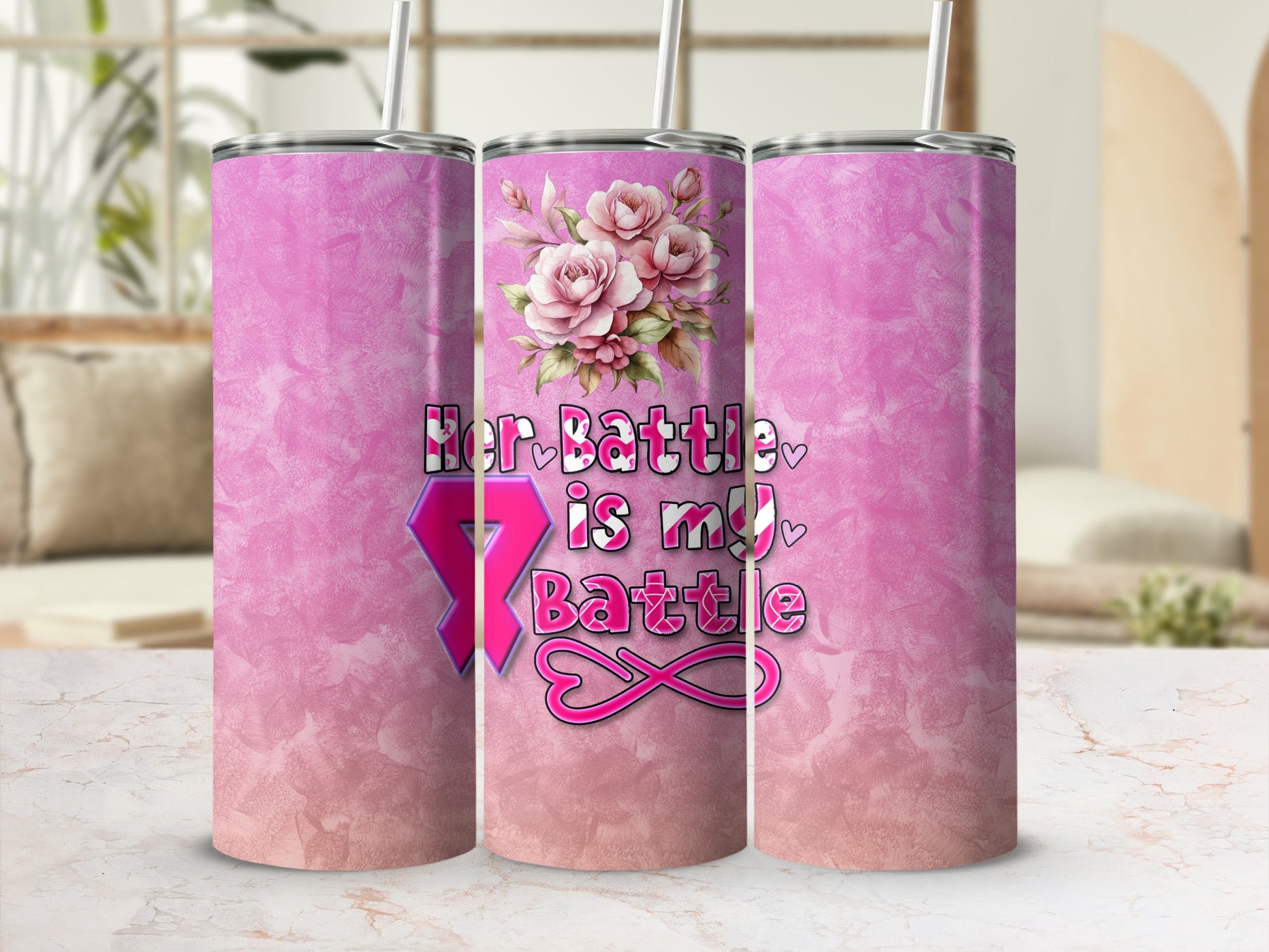 Pink marble tumbler with "Her Battle is My Battle" and a pink ribbon.