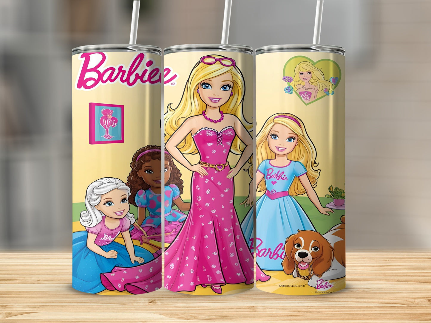 Barbie tumbler with three dolls and a dog, featuring Barbie logo.