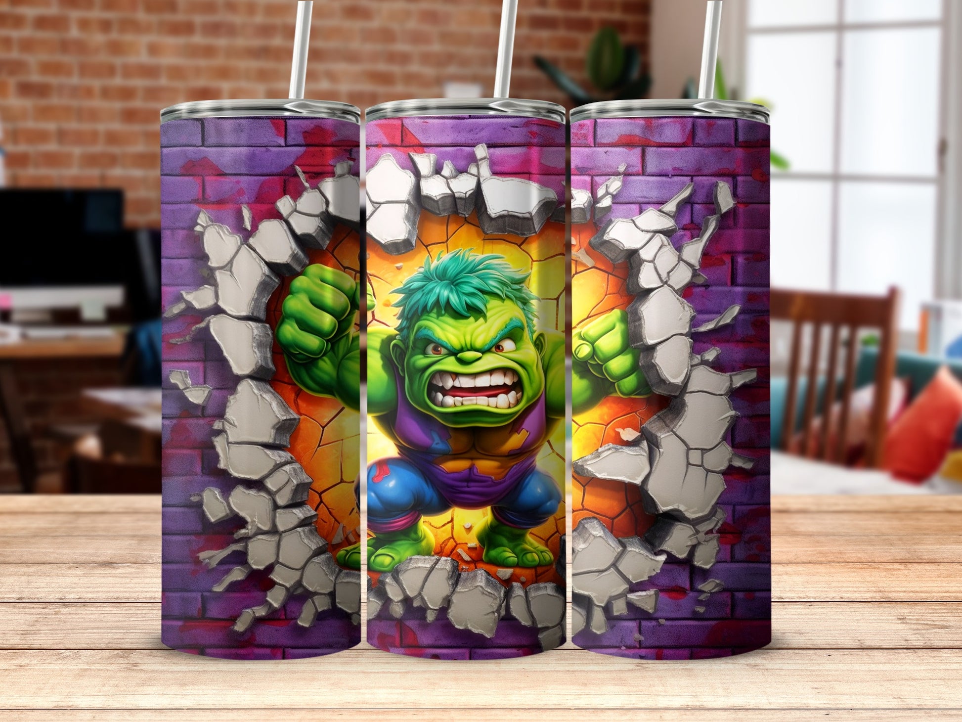 Colorful Hulk Tumbler Design with Brick Wall Background