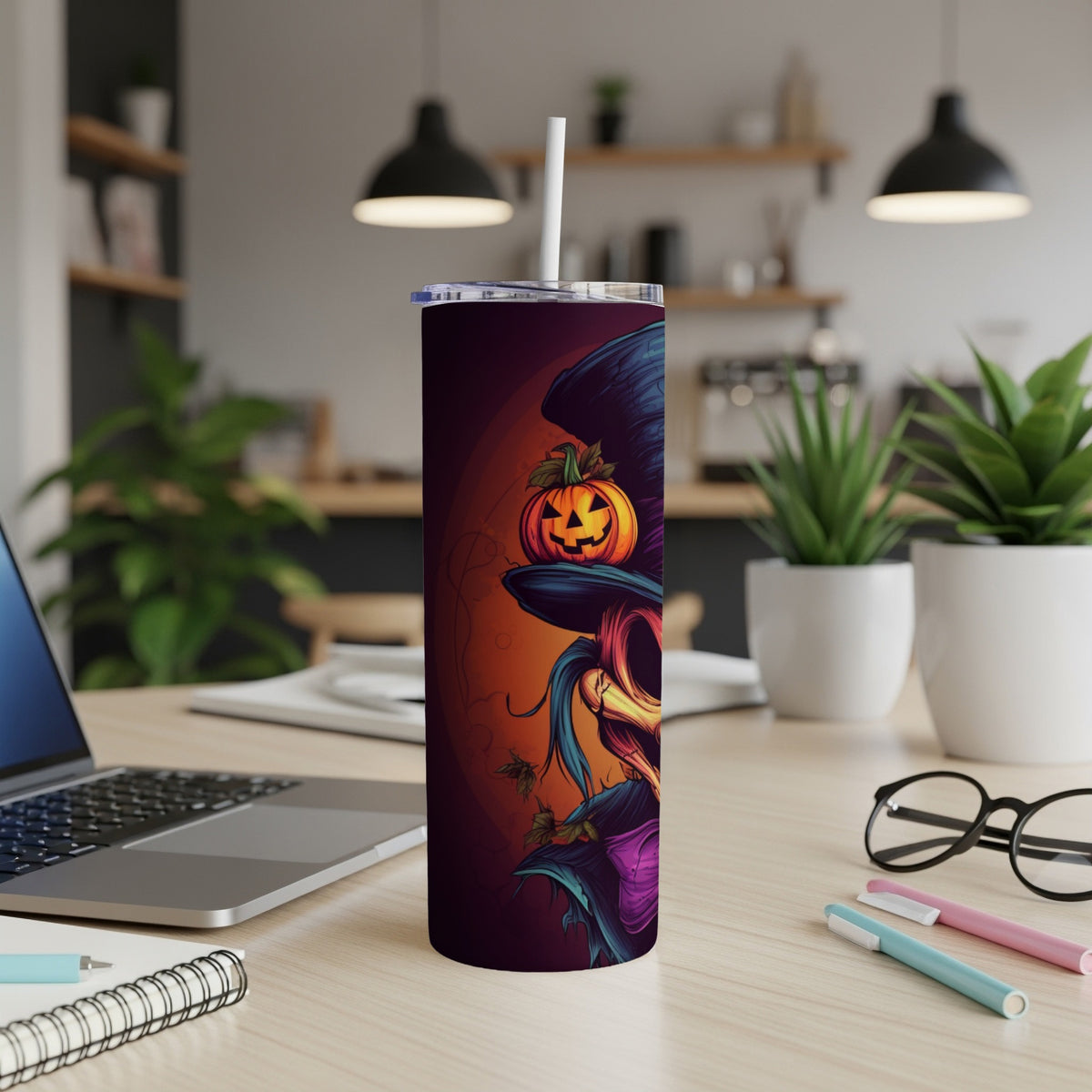 Halloween tumbler with jack-o'-lantern on a witch's hat.