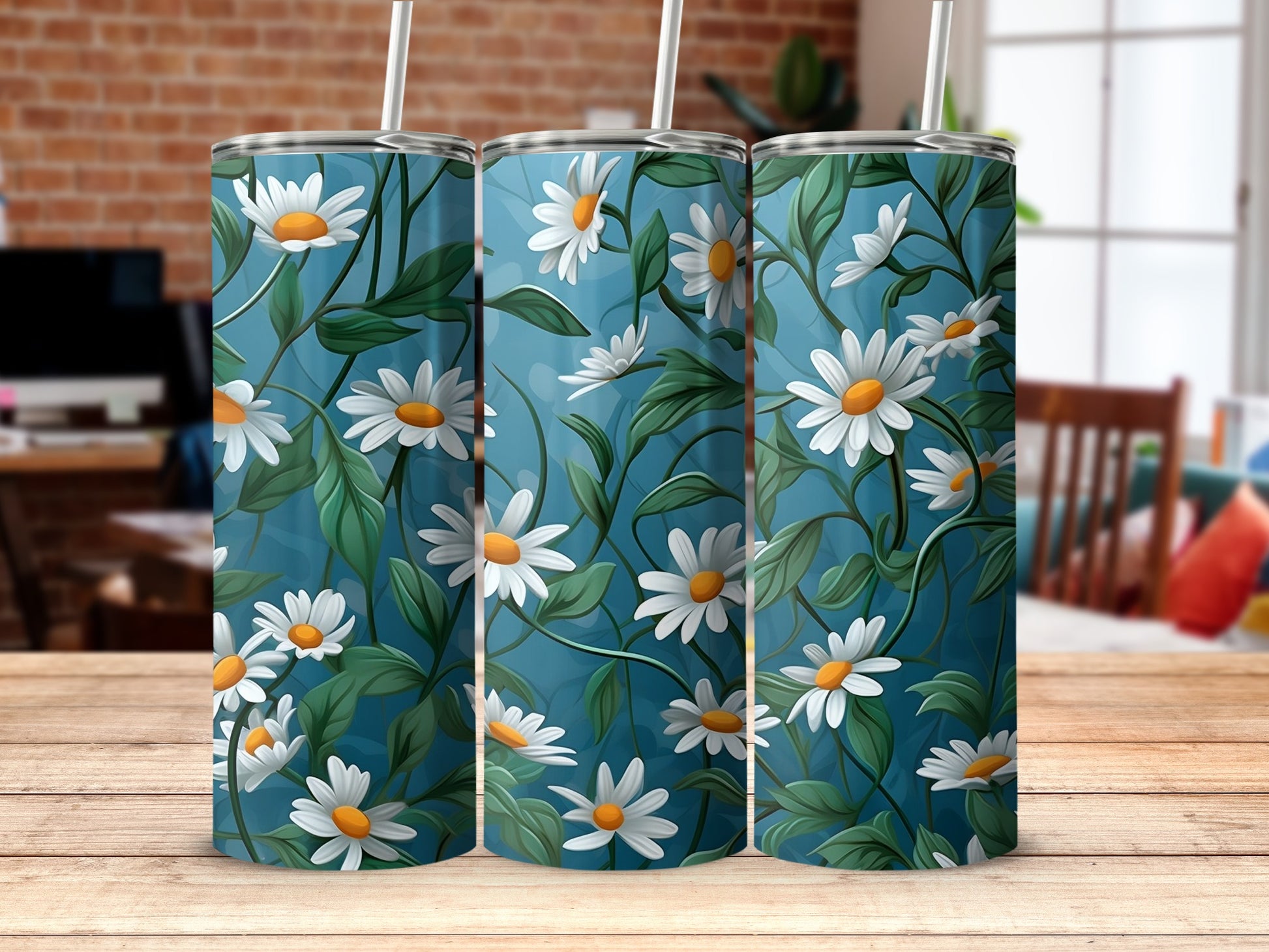 White Daisy Green Leaf Blue Background product type