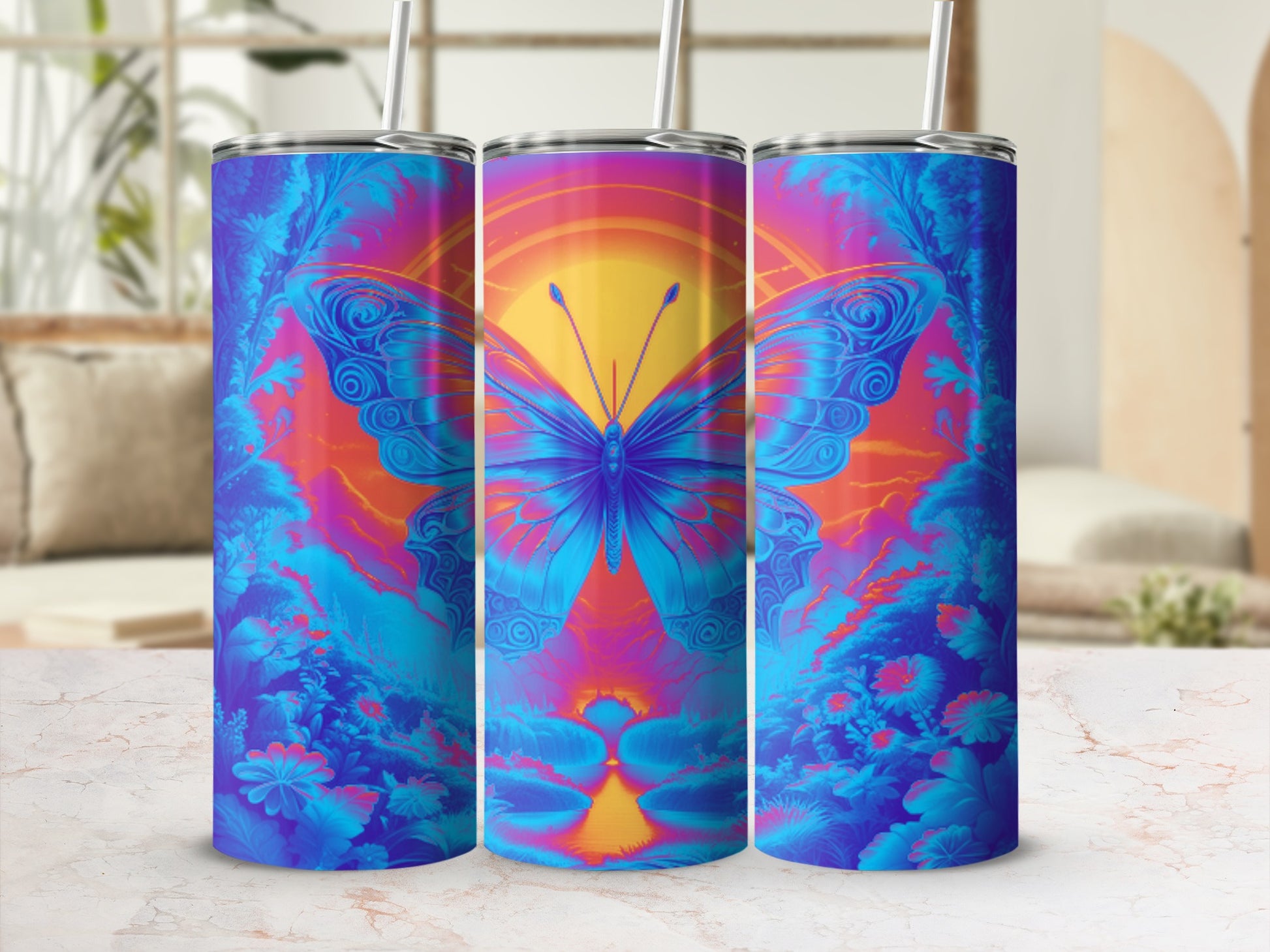 Blue butterfly on a vibrant, psychedelic background with flowers and sun.