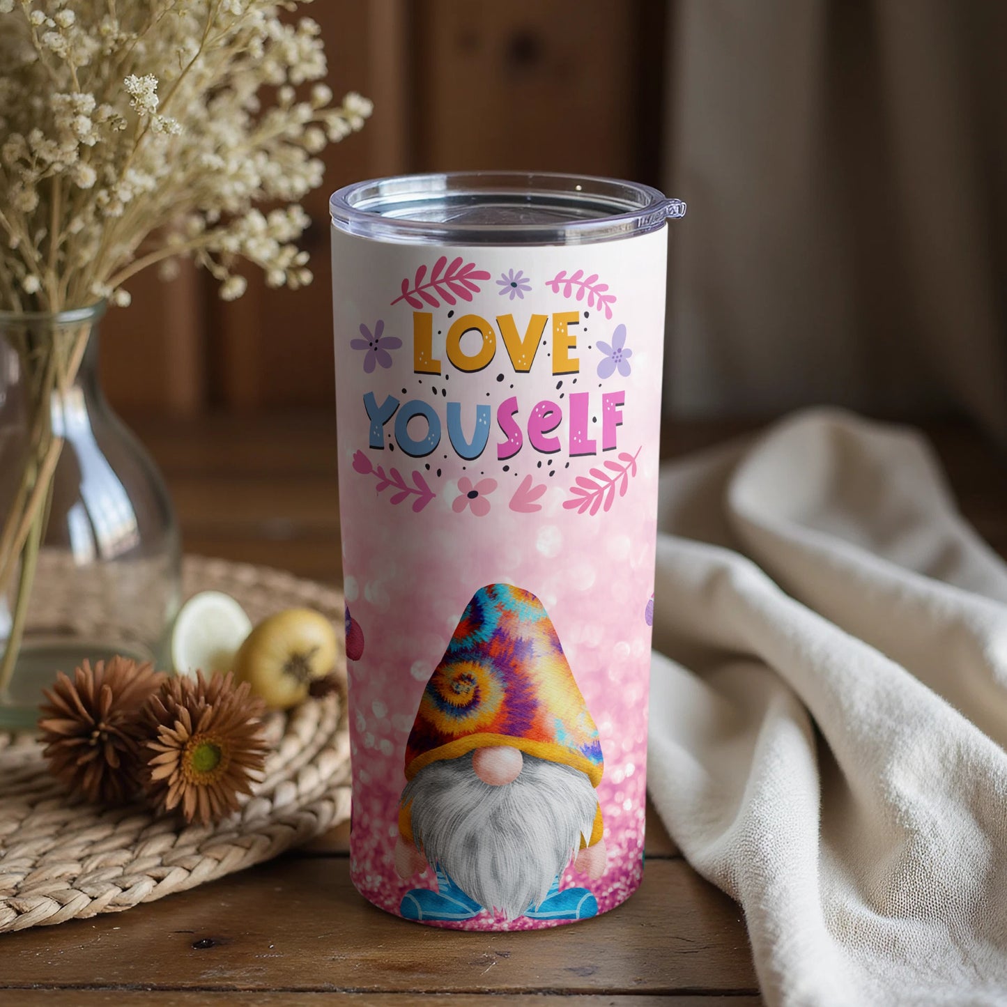 Love Yourself Gnome Design Tumbler with Floral Elements