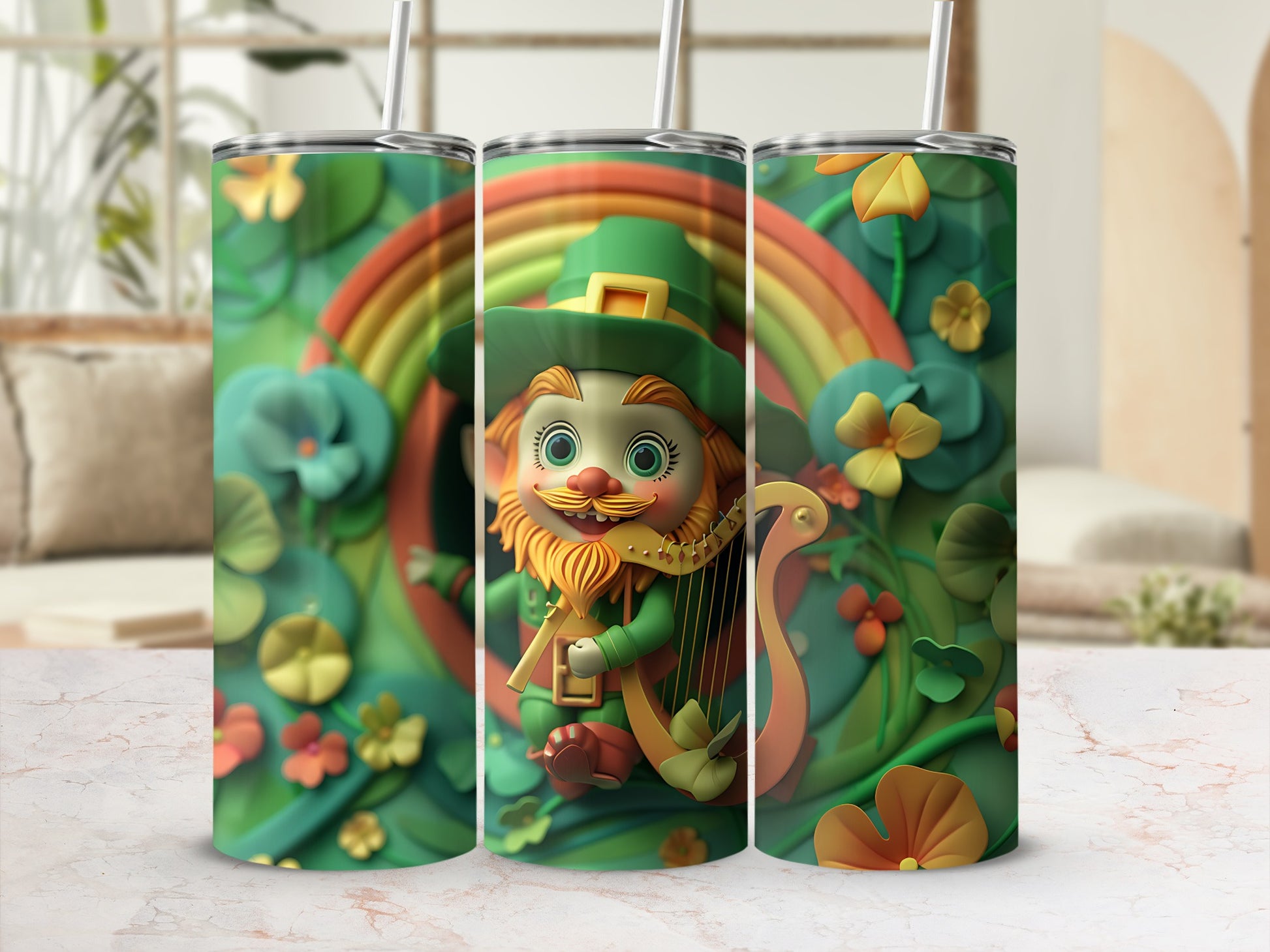 Leprechaun with harp and rainbow on St. Patrick's Day tumbler.