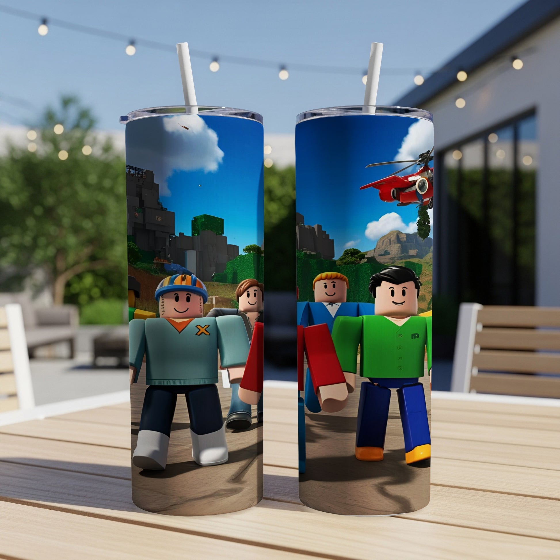 Roblox characters standing in a colorful outdoor scene with buildings and a helicopter.