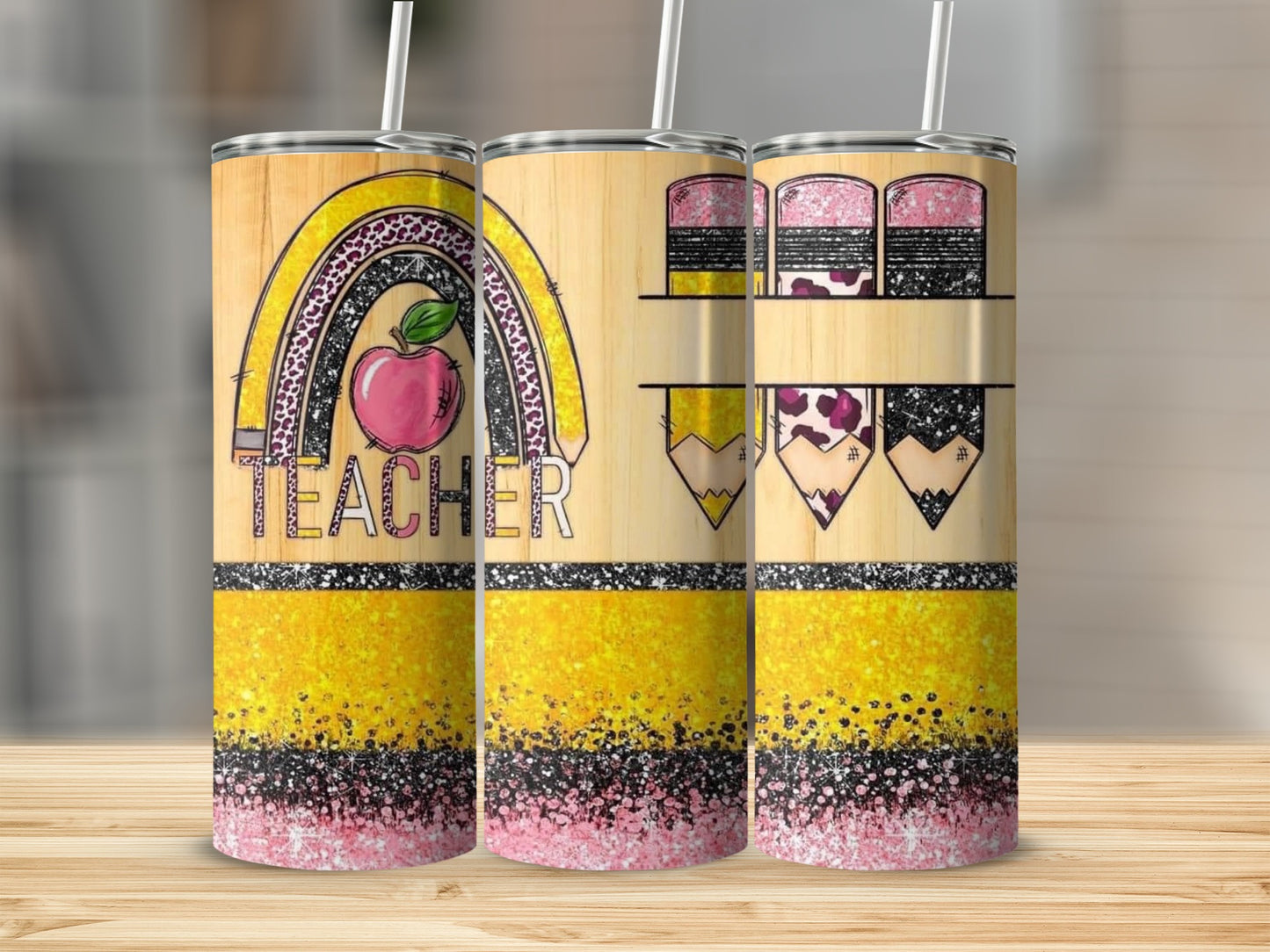 Teacher Rainbow Apple Design Decorated Pencil Style Tumblers