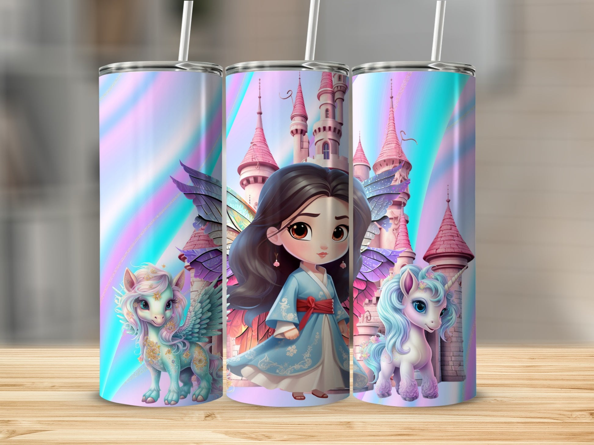 Fantasy Princess Unicorn Castle Design Tumbler Cups