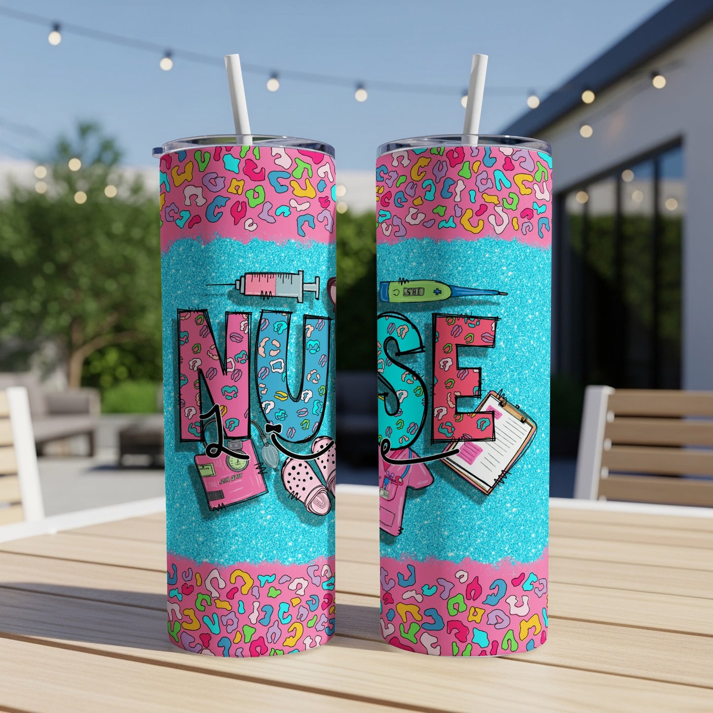 Nurse tumbler with leopard print and medical icons.