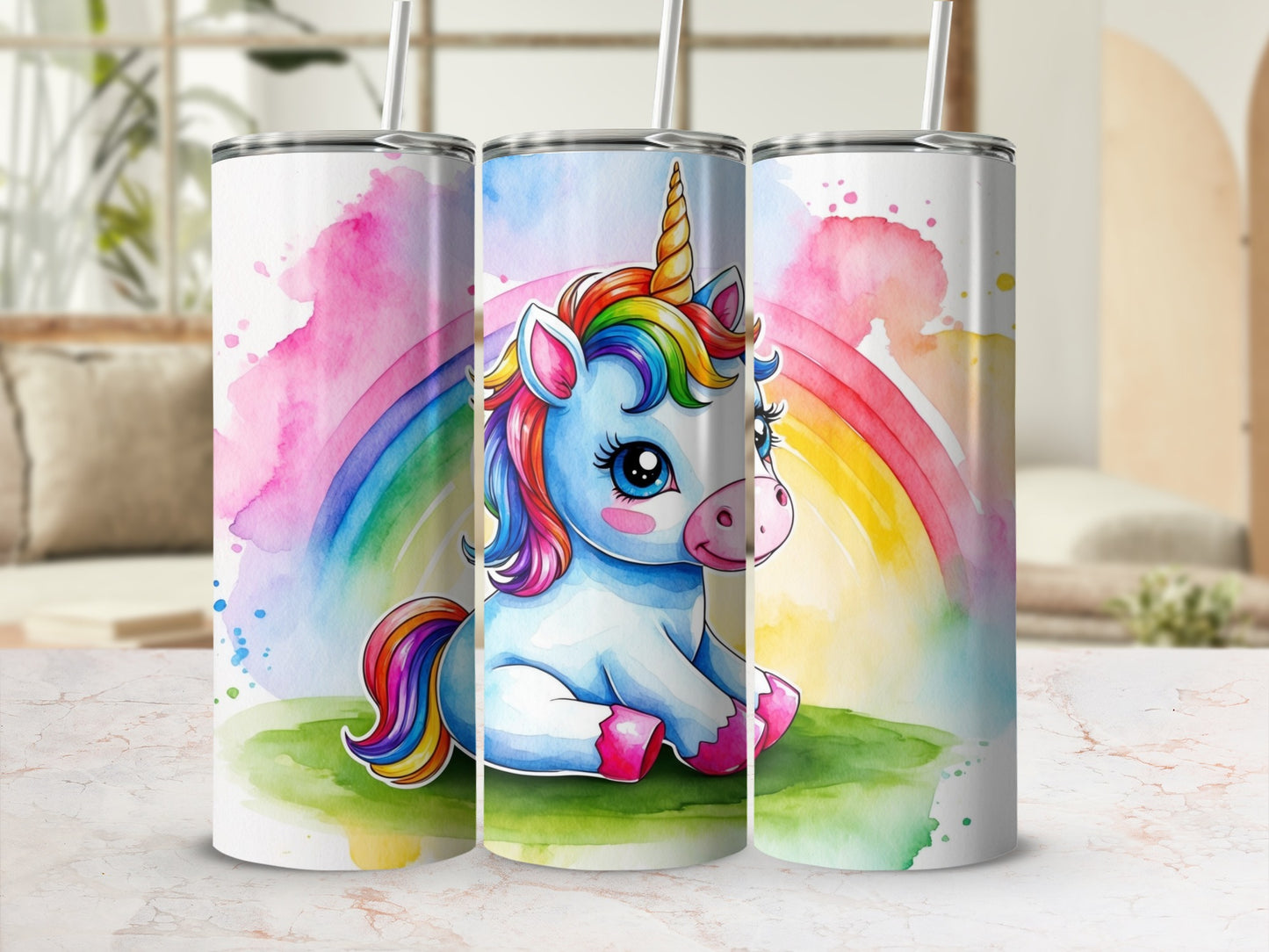 Cute cartoon unicorn with rainbow mane and tail, sitting on grass.