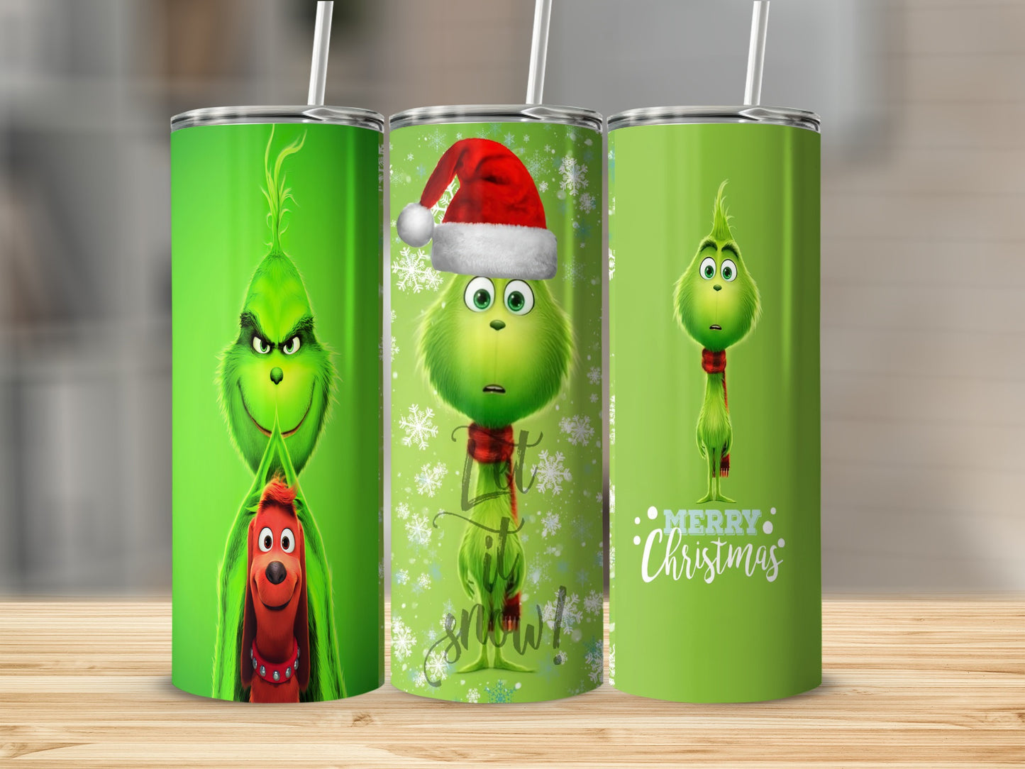 Grinch and dog with "Let It Snow" and "Merry Christmas" on green tumblers.