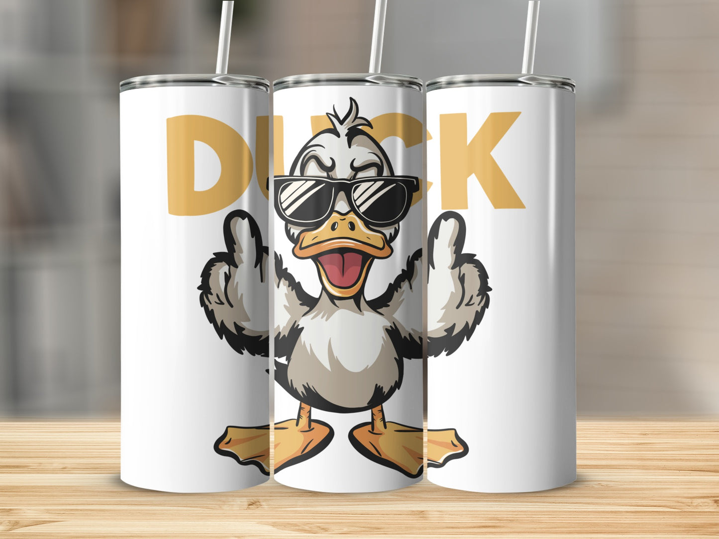 White tumbler with cartoon duck wearing sunglasses and giving the finger.