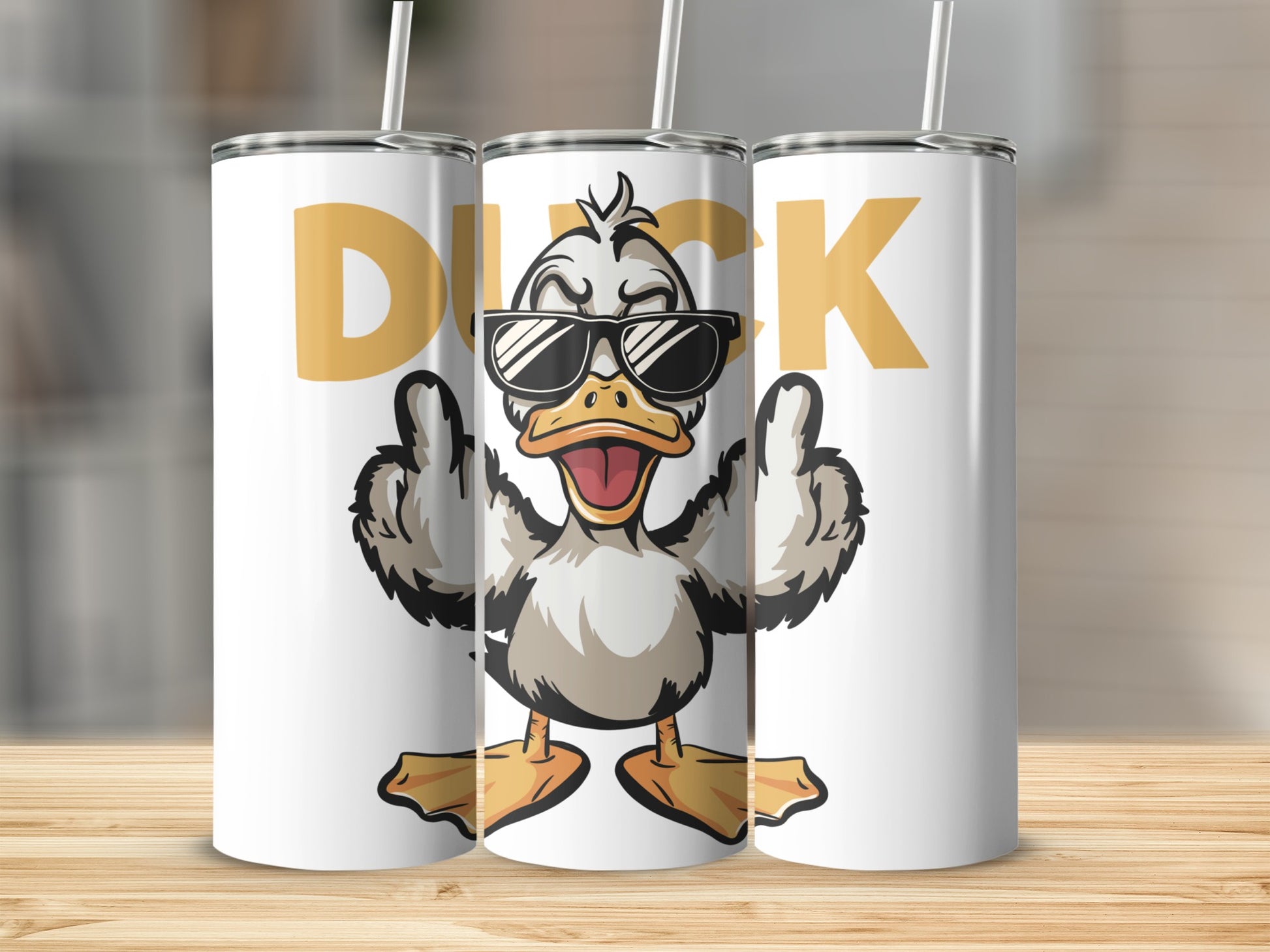 White tumbler with cartoon duck wearing sunglasses and giving the finger.
