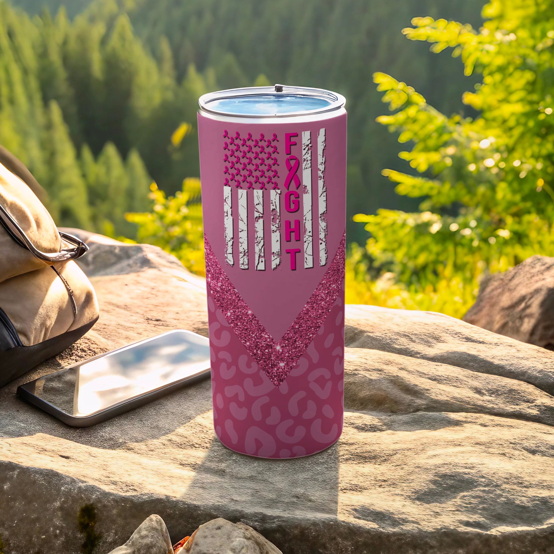 Pink tumbler with American flag and "FIGHT" text, leopard print design.