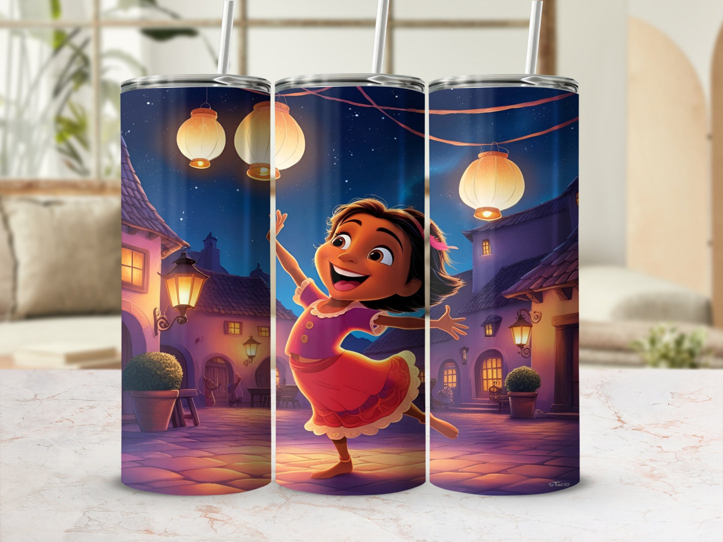 Cartoon girl in pink dress dancing under lanterns in a town square.
