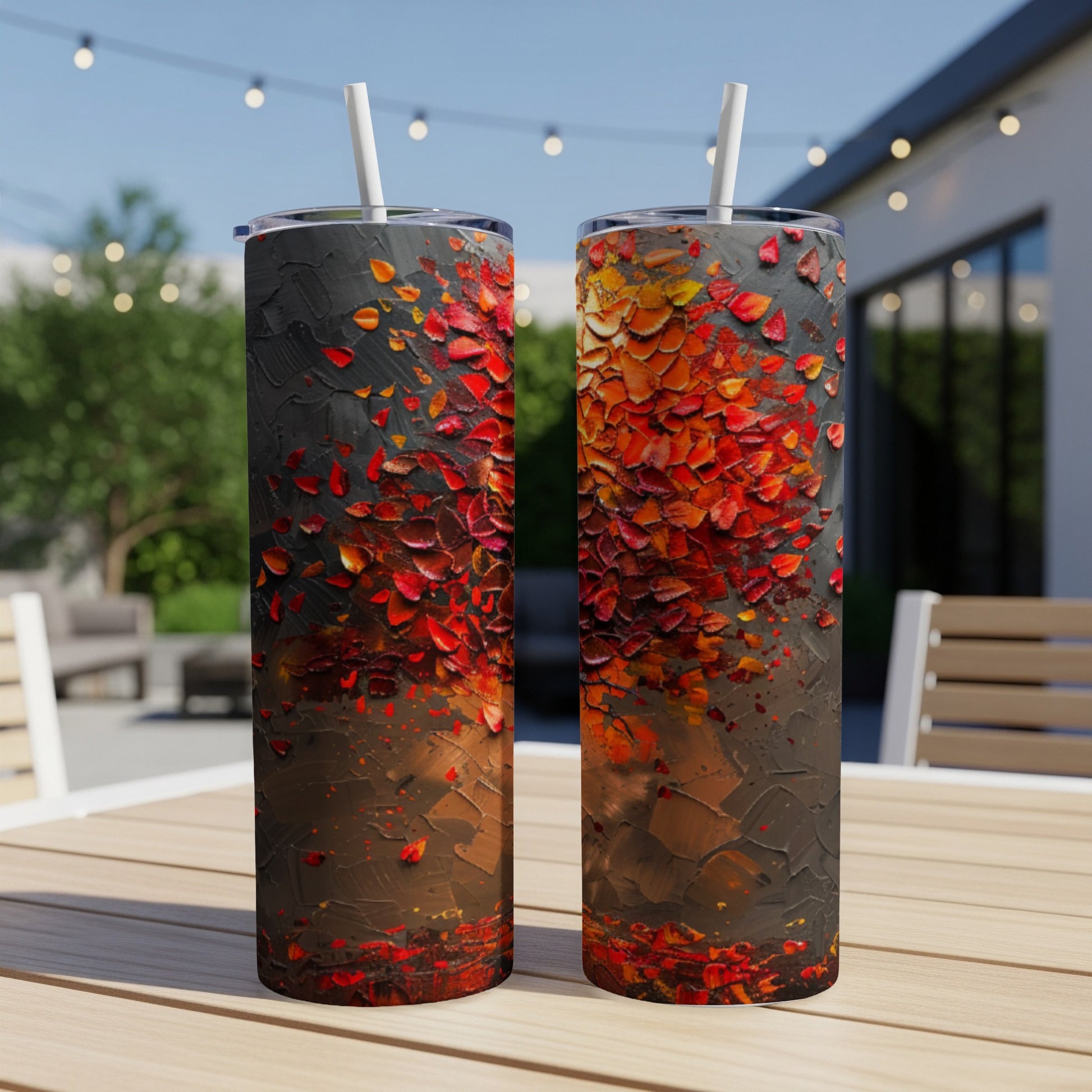Two tumblers with textured red and orange floral abstract art.