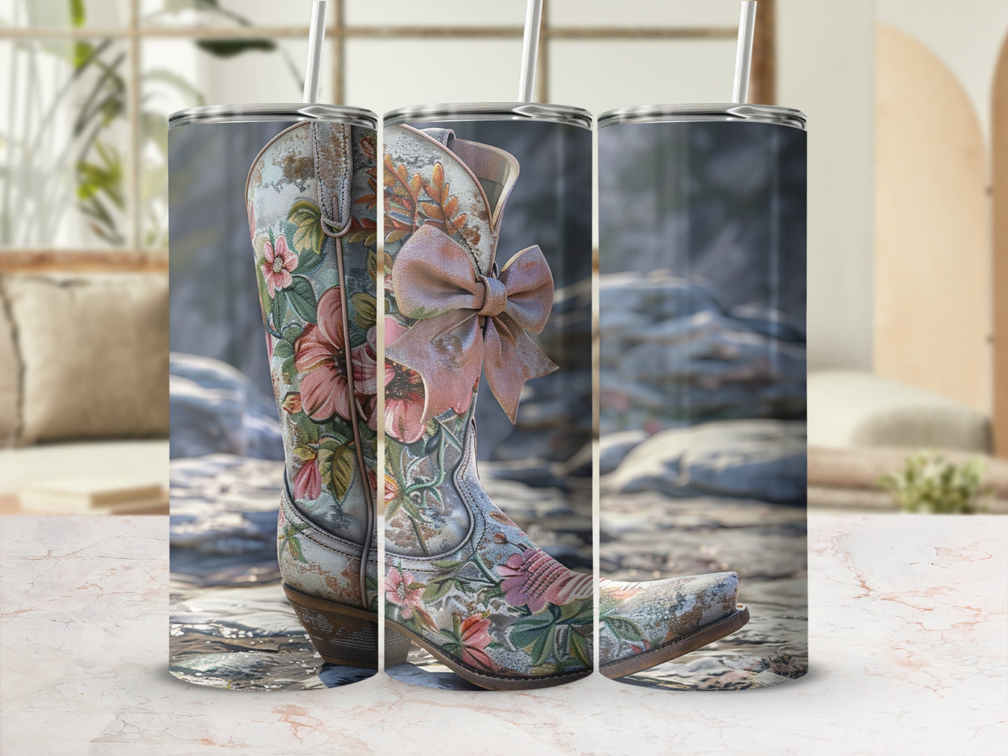 Cowboy boot with floral pattern and pink bow on a stone surface.