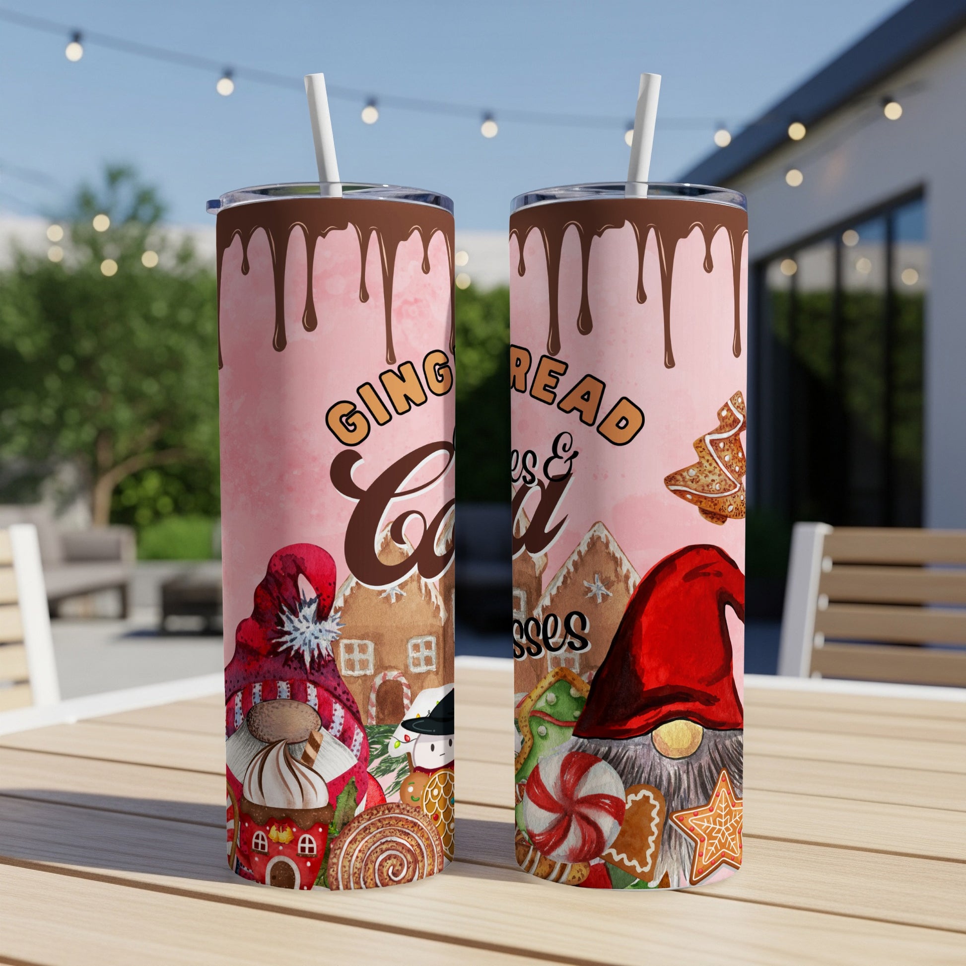Pink tumbler with gingerbread gnome and "Gingerbread & Coffee" text.