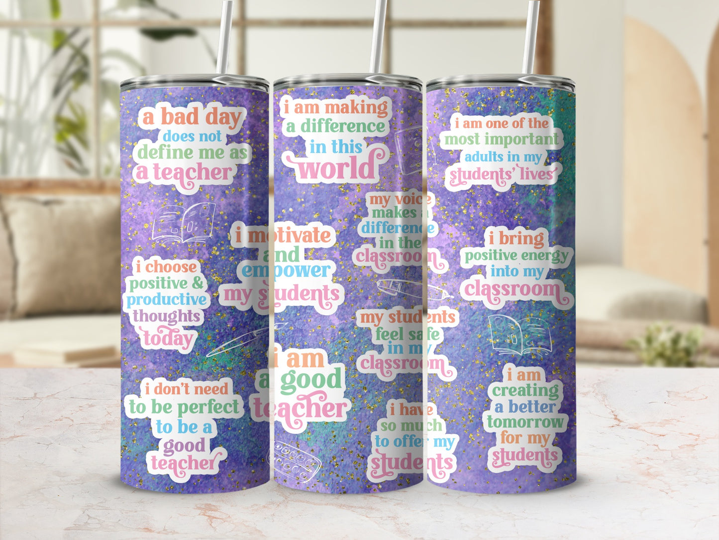 Tumbler with teacher-themed quotes and colorful, glittery background.