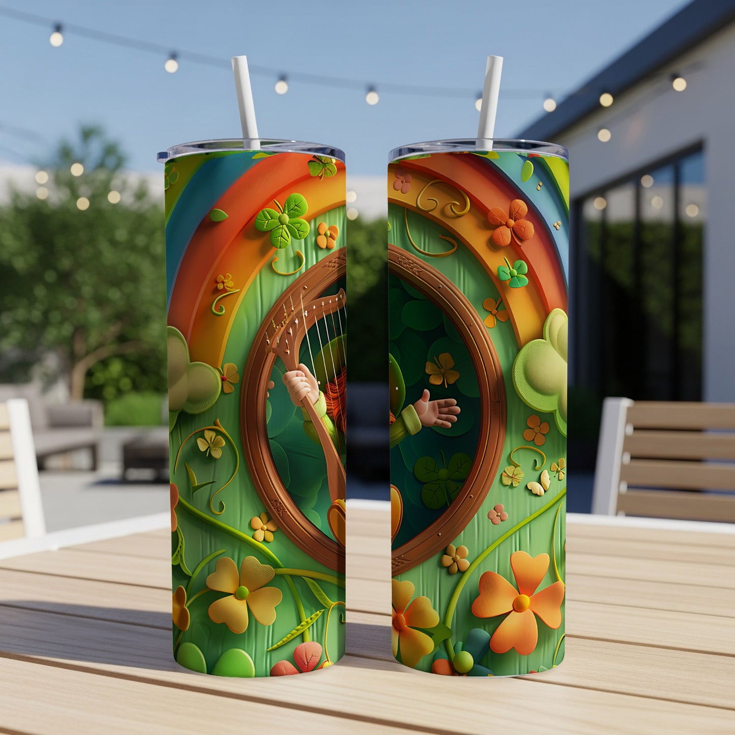Leprechaun playing a harp on a St. Patrick's Day themed tumbler.