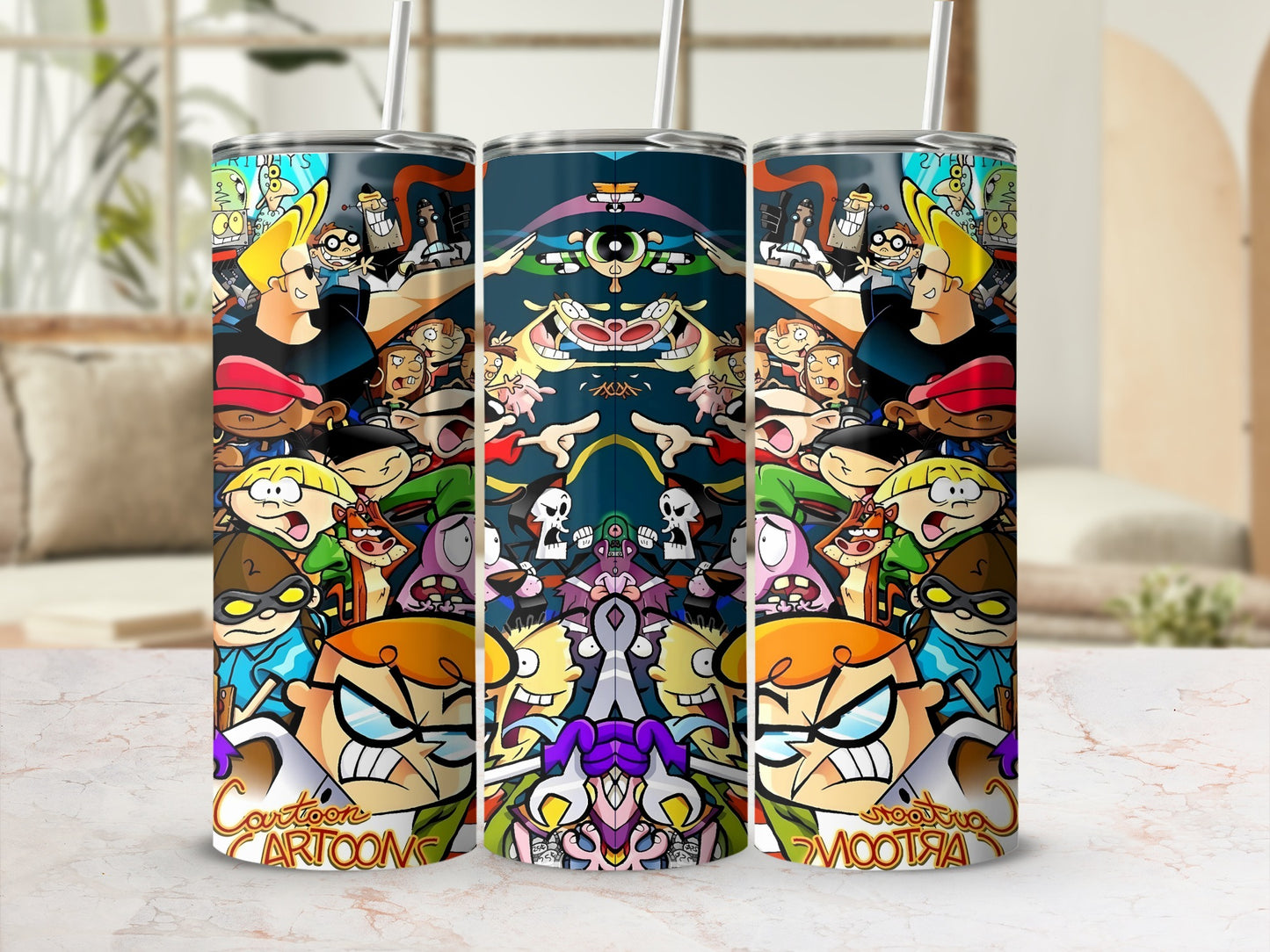Vibrant Cartoon Characters Design Tumbler with Straw