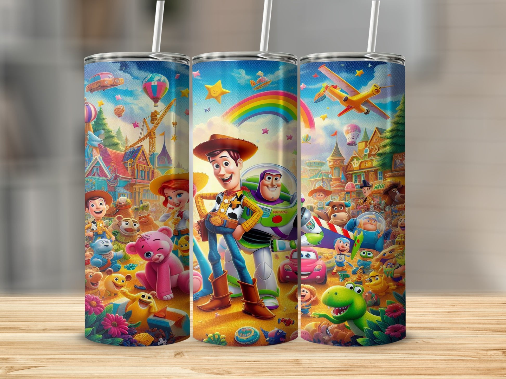 Toy Story characters Woody and Buzz Lightyear with friends on a carnival background.