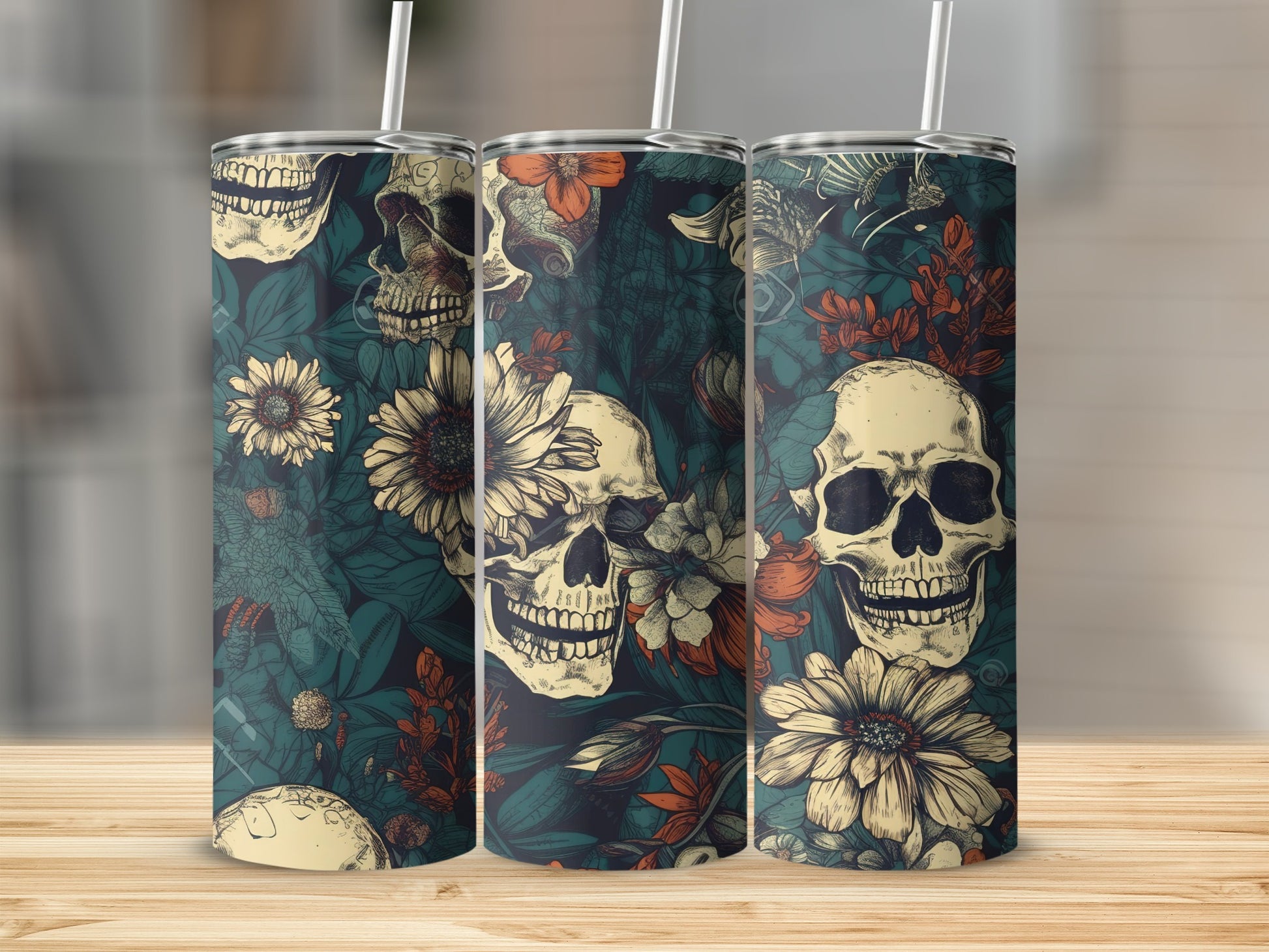 Skull and Flower Patterned Insulated Tumbler