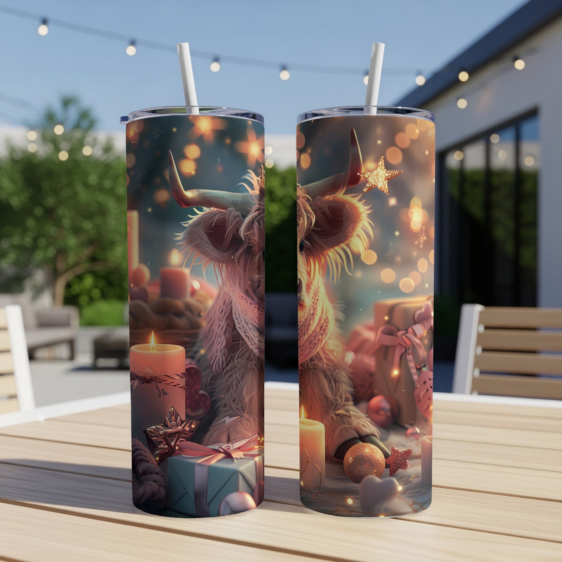 Christmas Highland cow tumbler with festive lights and presents.