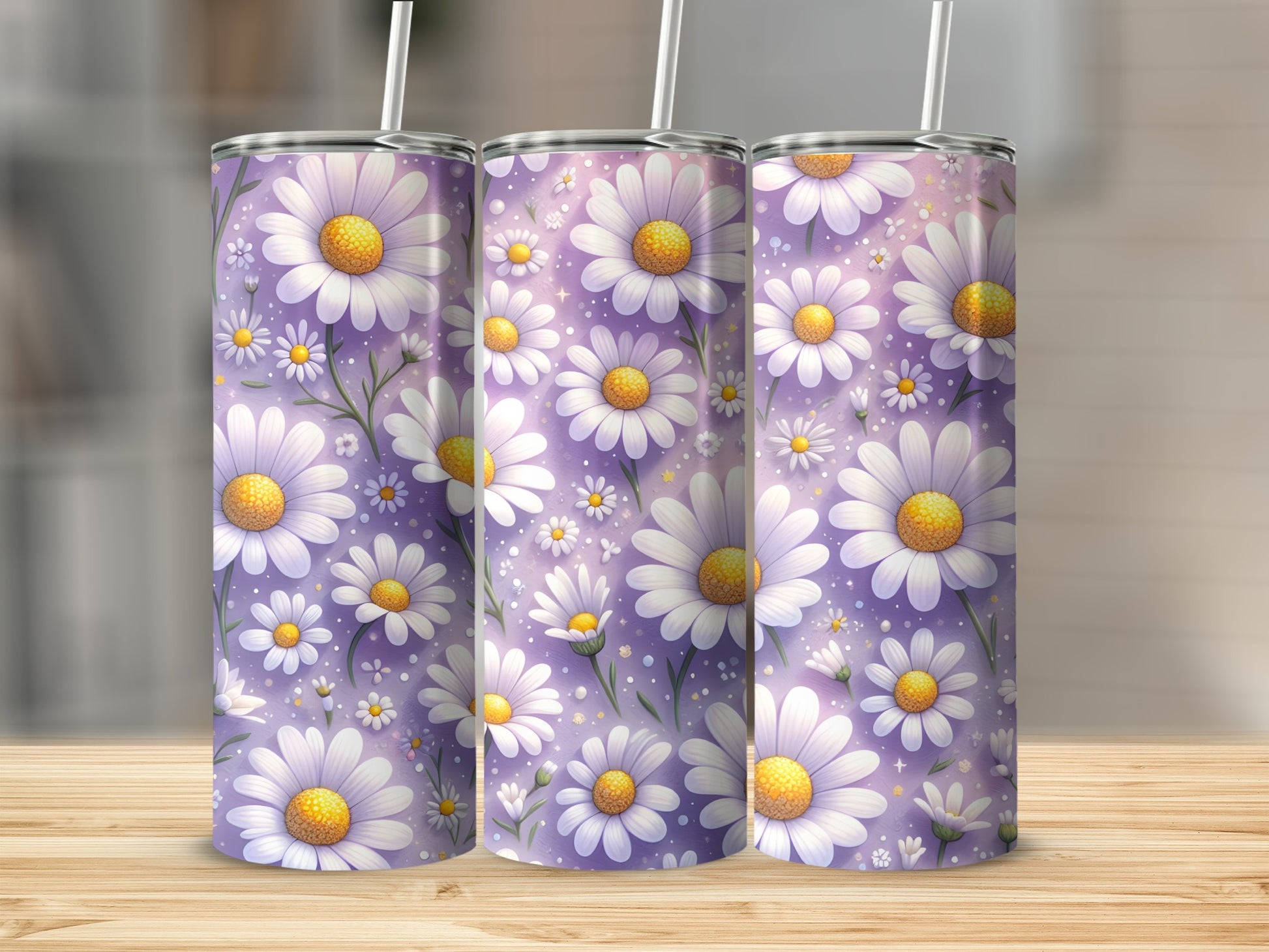 Three tumblers with a purple and white daisy floral pattern.
