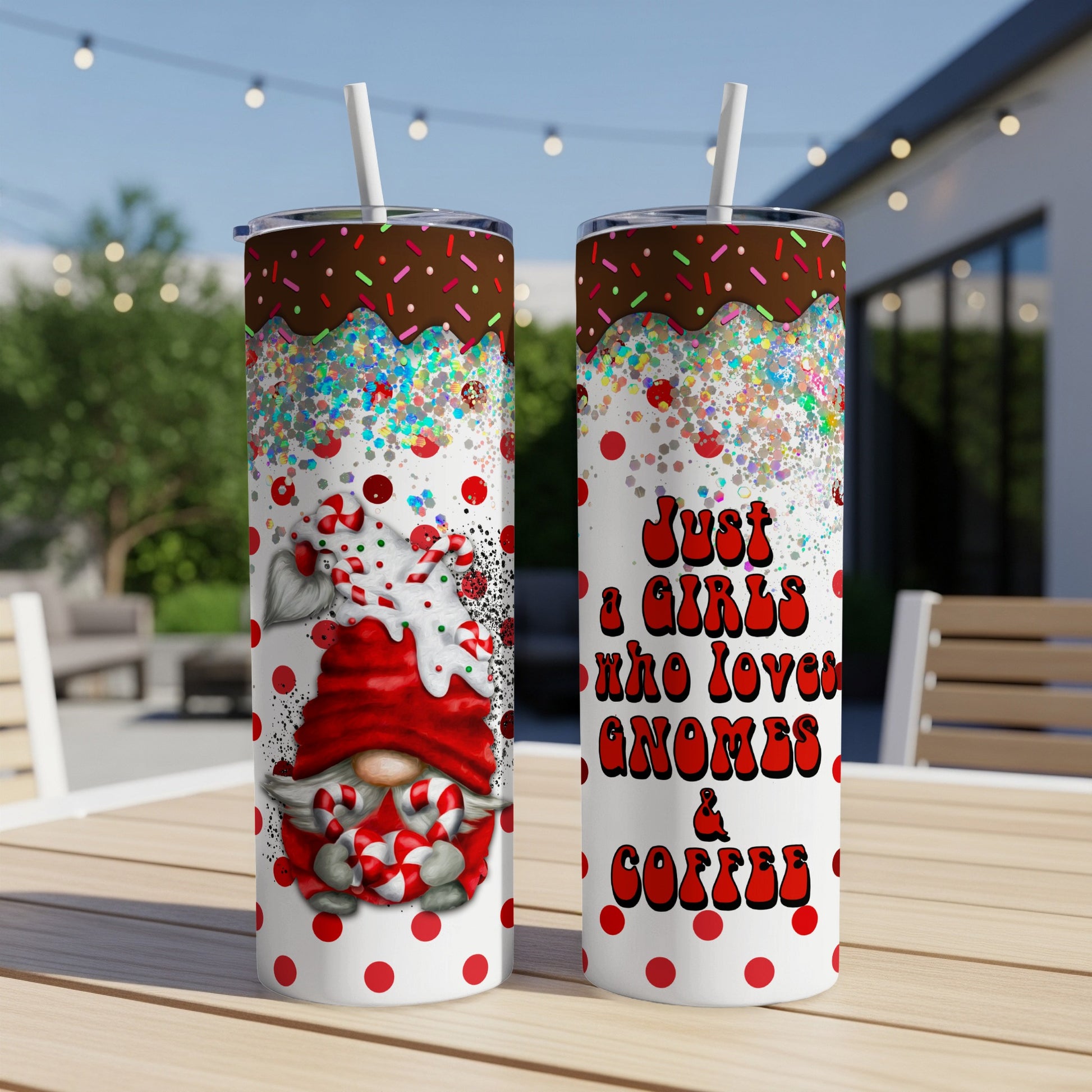 Two tumblers with gnome, candy cane, and coffee designs, one with text.