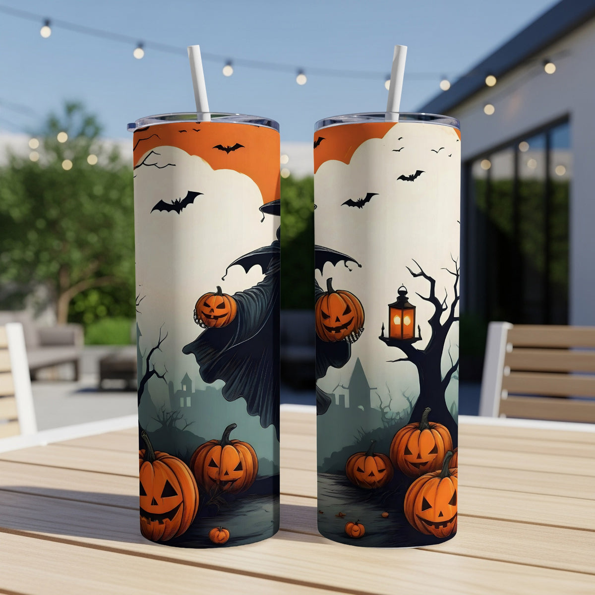 Two tall tumblers with Halloween theme featuring witches and jack-o'-lanterns.