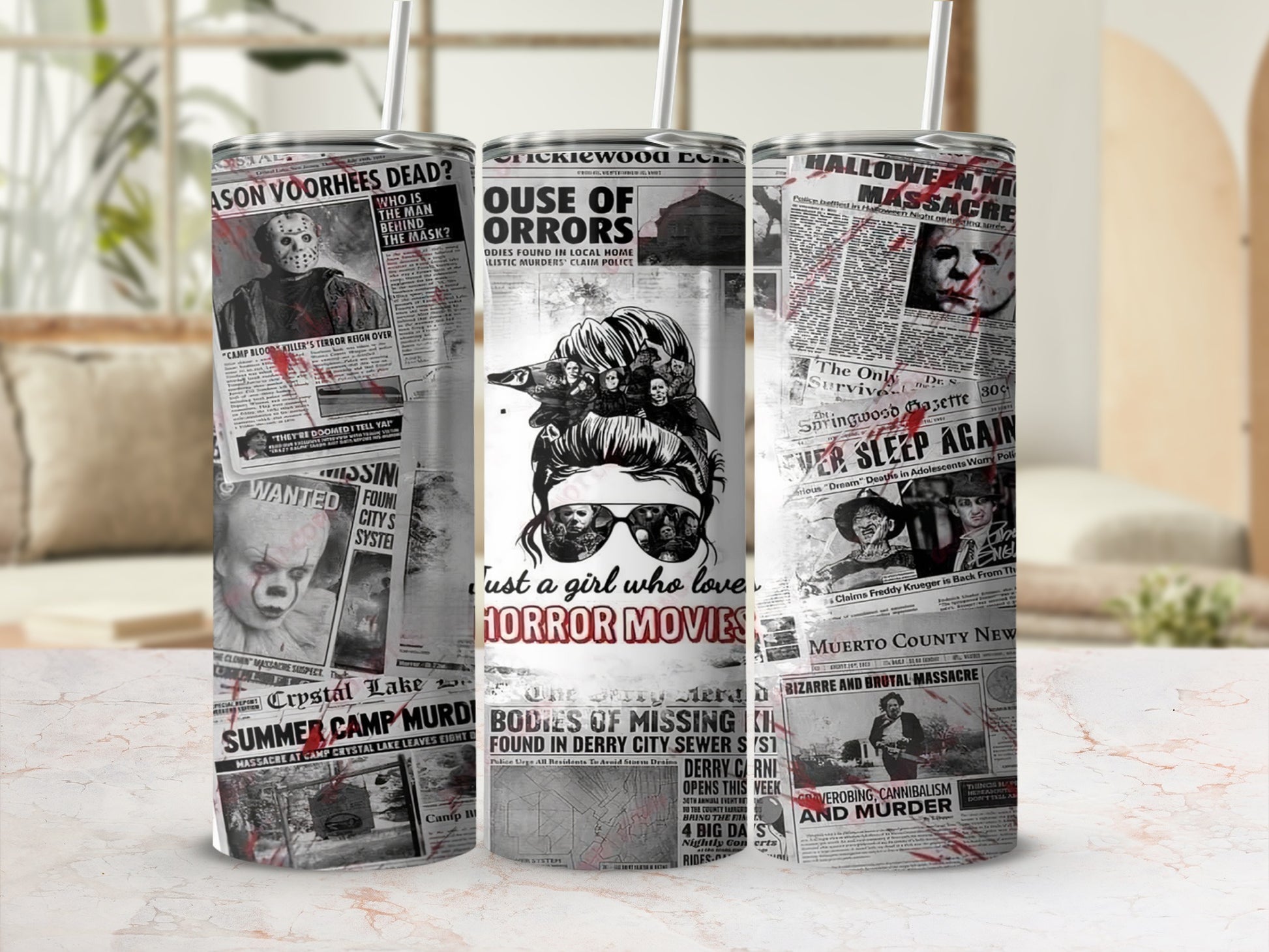 Horror movie newspaper headlines with Jason, Pennywise, Freddy, and Michael Myers.