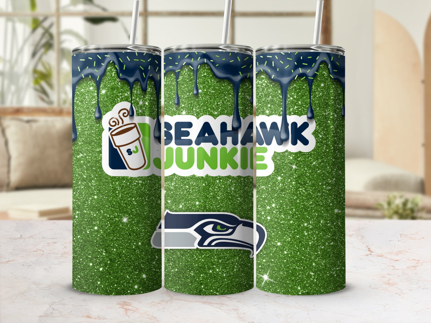 Seahawk Junkie Glitter Green and Blue Tumbler