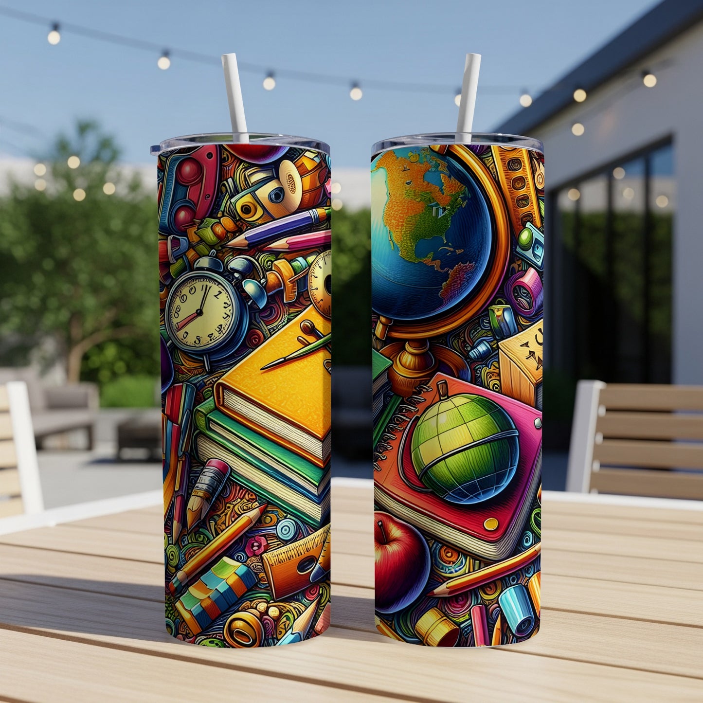 Two tumblers with a colorful doodle art pattern of school supplies, including globes and books.