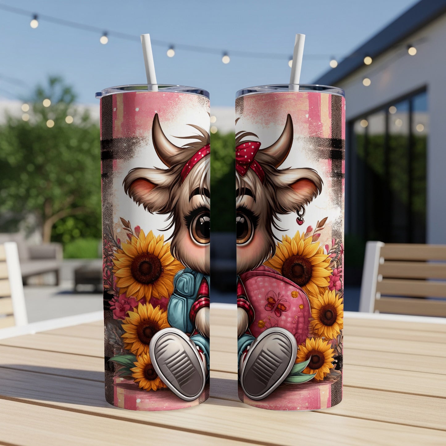Cartoon cow tumbler with sunflowers and backpack.