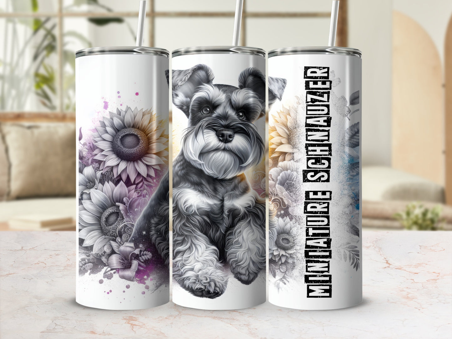 Miniature Schnauzer on a white tumbler with sunflowers and watercolor splashes.