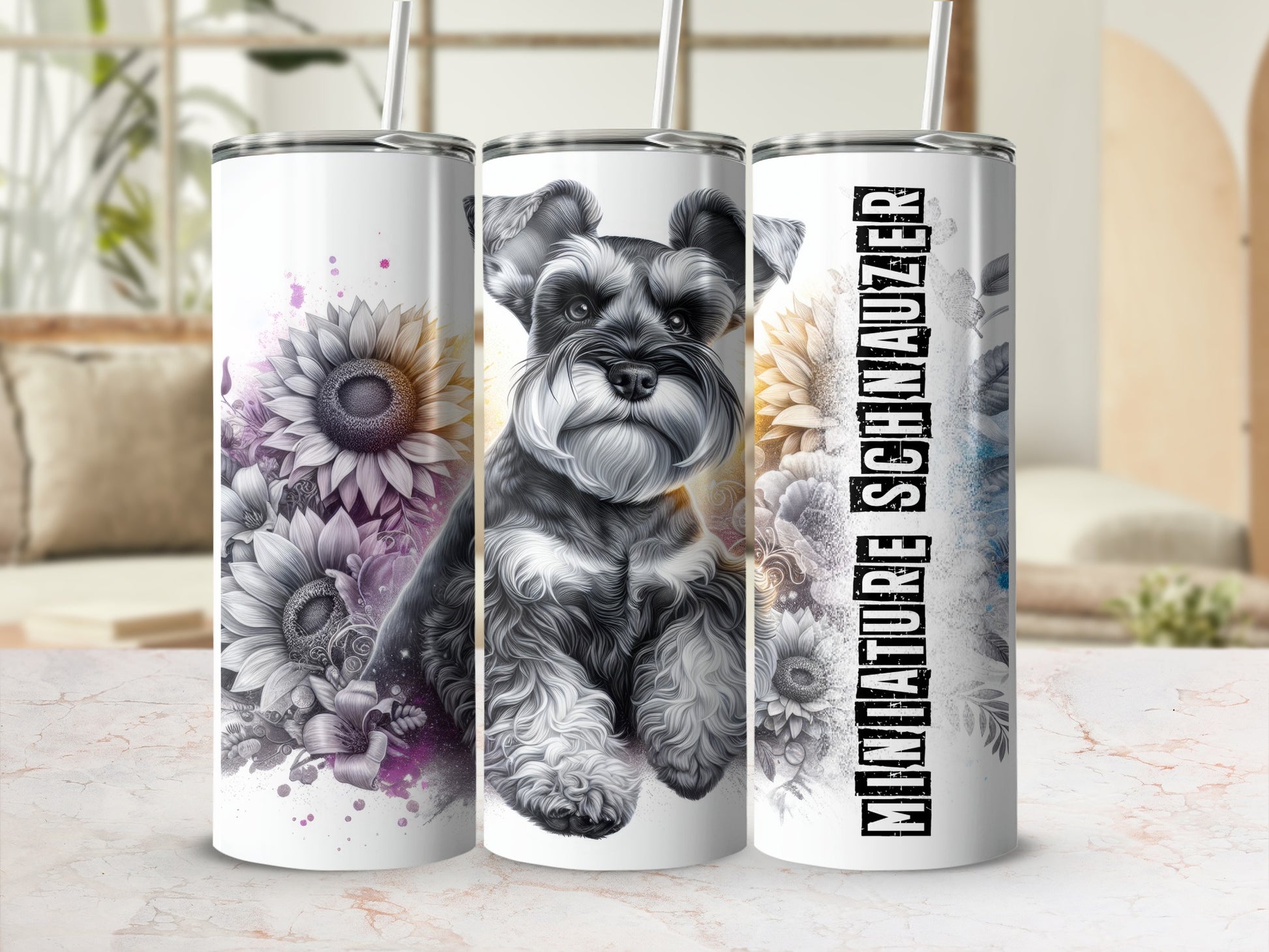 Miniature Schnauzer on a white tumbler with sunflowers and watercolor splashes.