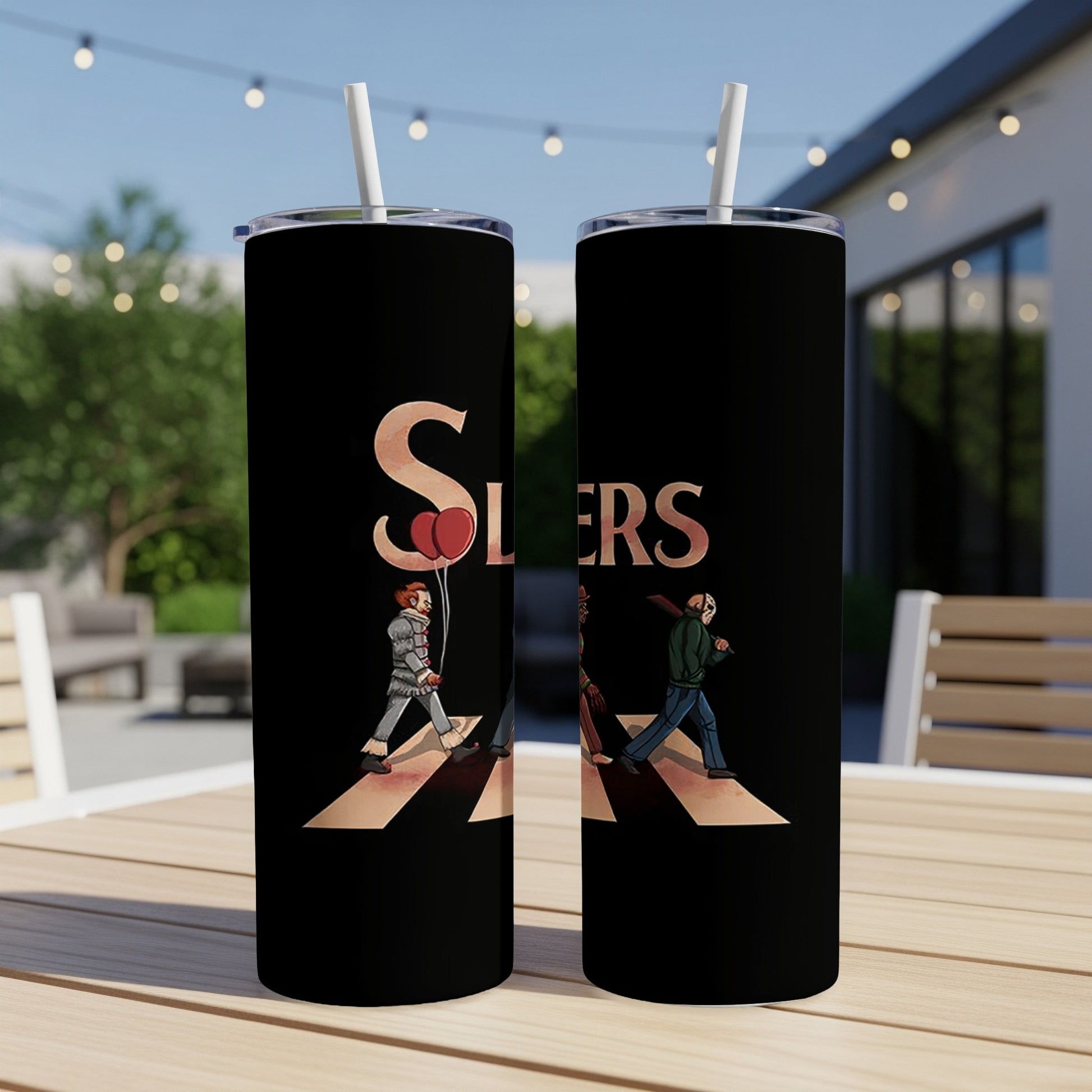 Two black tumblers with horror characters walking on a crosswalk, spelling "S L E E P E R S".