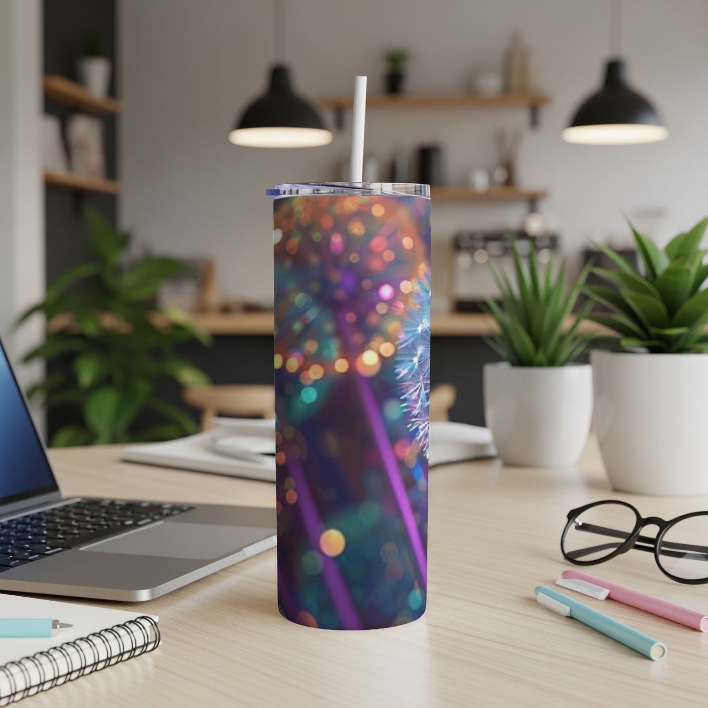 Fireworks pattern tumbler with straw on desk.